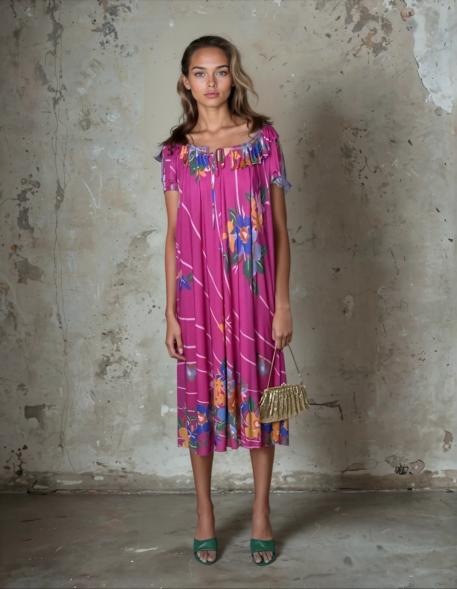 Original 1970's Vintage Bright Pink Floral Dress UK 8 - 12