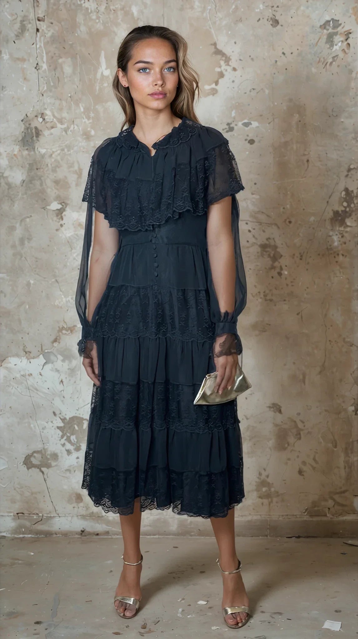 Original 1970's Vintage Black Sheer & Lace Dress UK 12 - 14