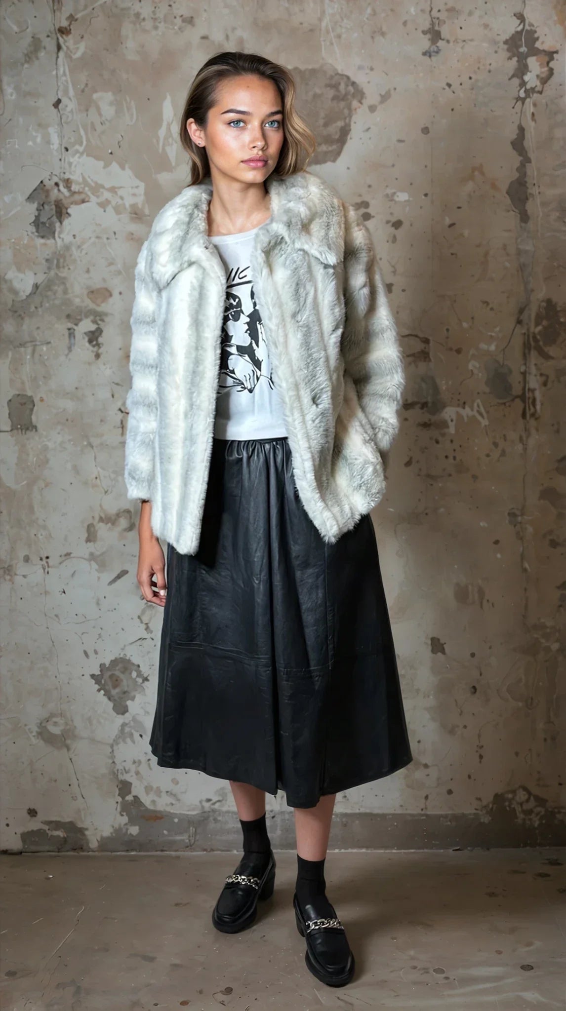 Original 1970's Vintage White & Grey Faux Fur Coat UK 8 - 12
