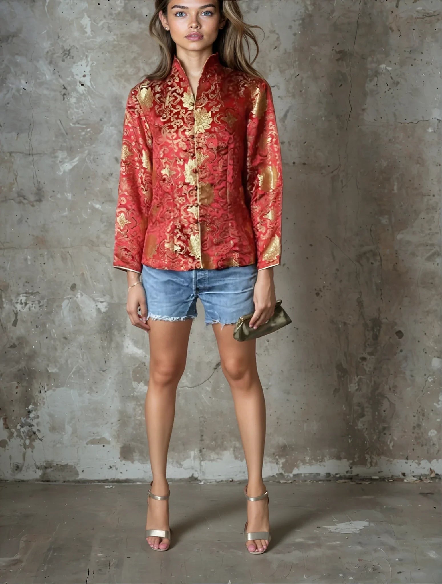Original Vintage Oriental Red & Gold Floral Print Satin Jacket UK 8 - 12
