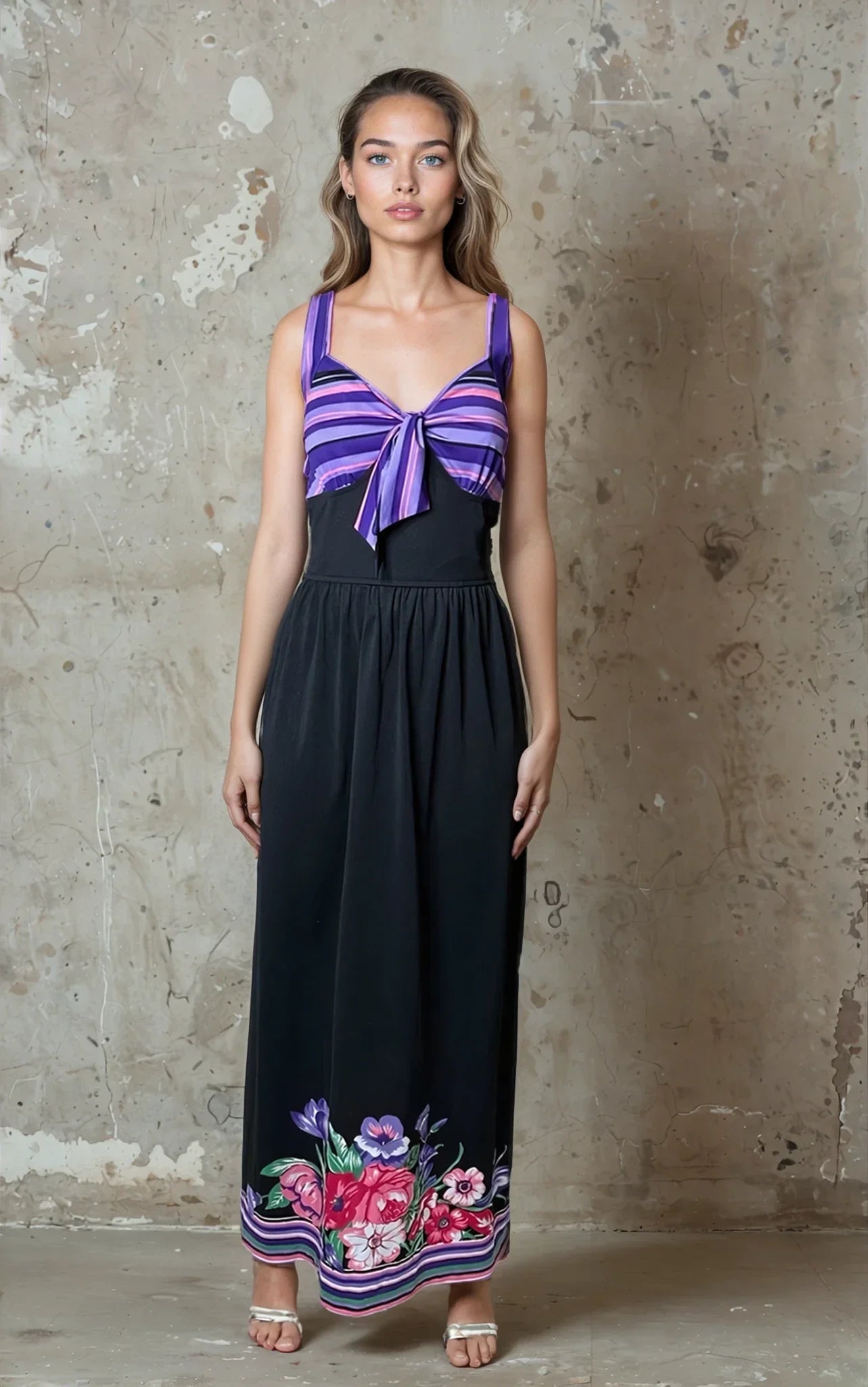 Original 1970's Vintage Black & Floral Print Maxi Dress UK 12 - 14