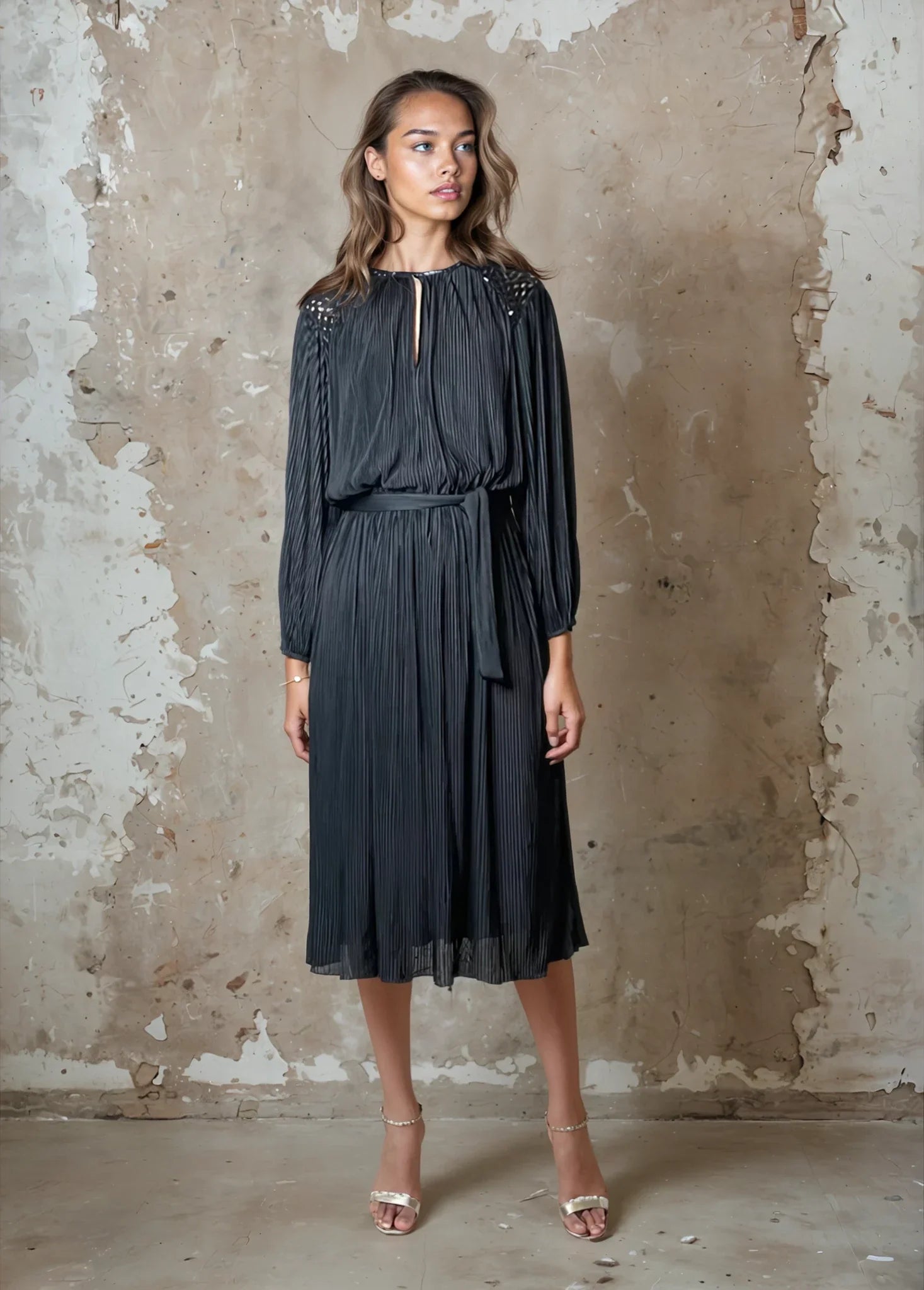 1970'S Vintage Original Black Pleated Long Sleeved Dress Uk 10 - 12