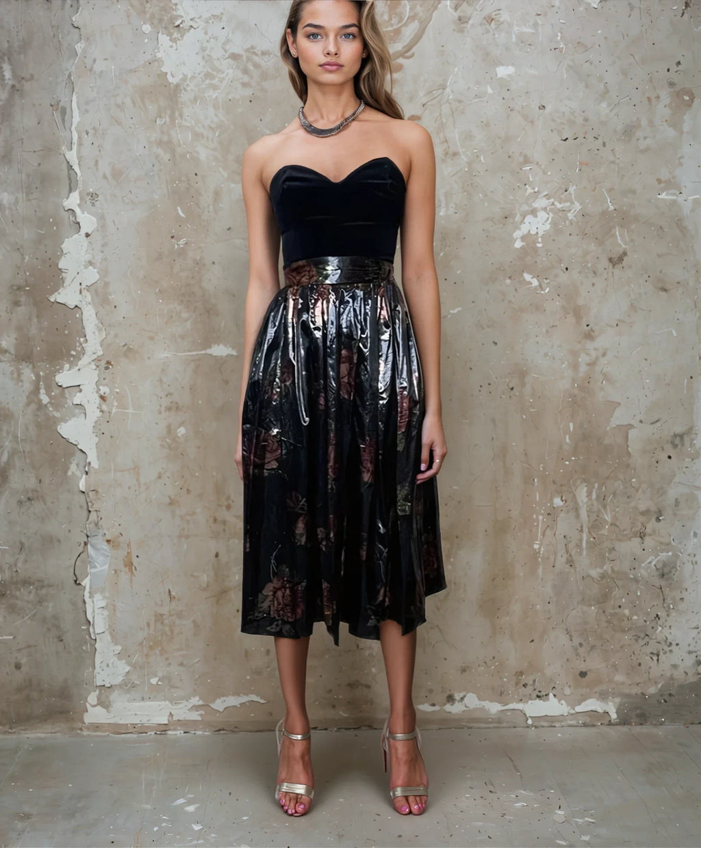 Original 1970's Vintage Black Velvet & Bronze Floral Print Dress by Radley UK 8 - 12