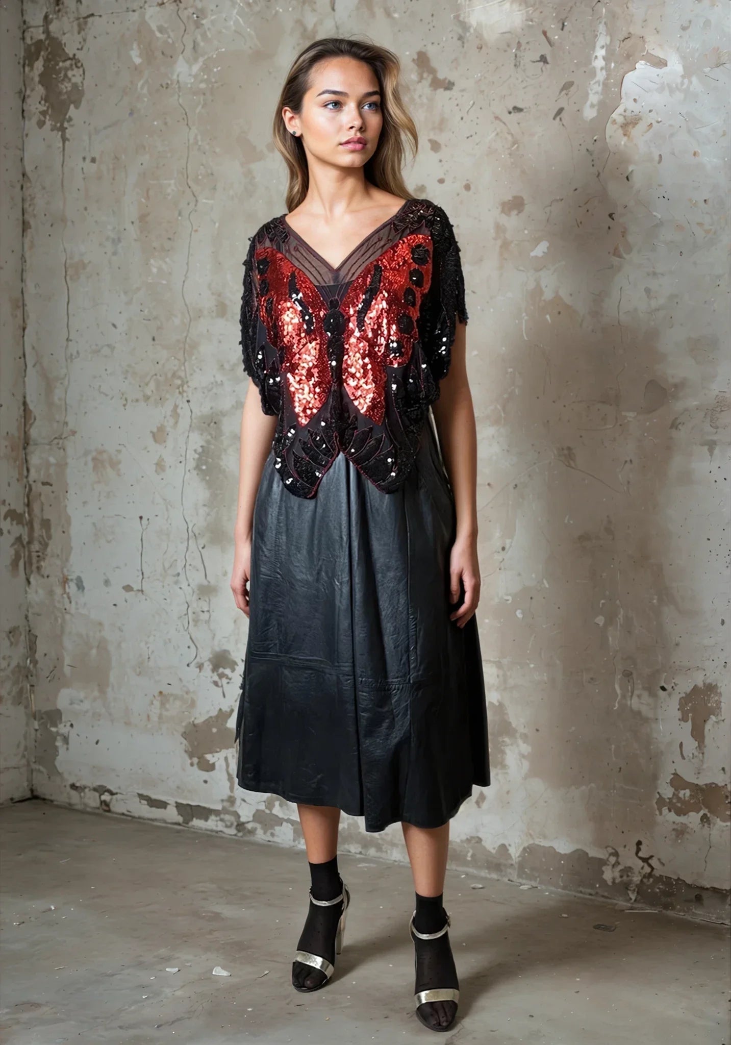 Original 1970's Vintage Black / Red Sequinned Butterfly Top UK 8 - 12