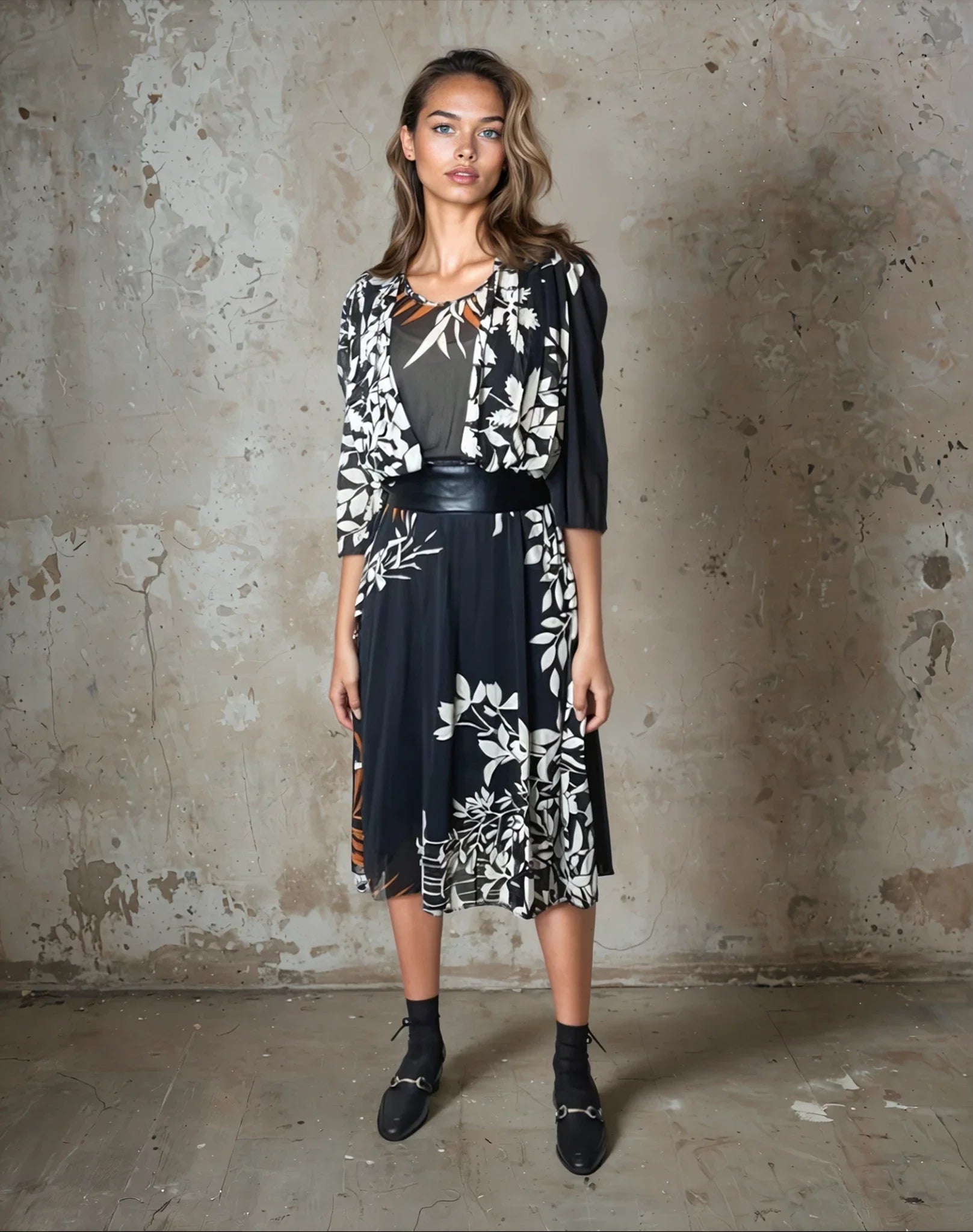 Original 1970's Vintage Black Floral Dress UK 10 - 12