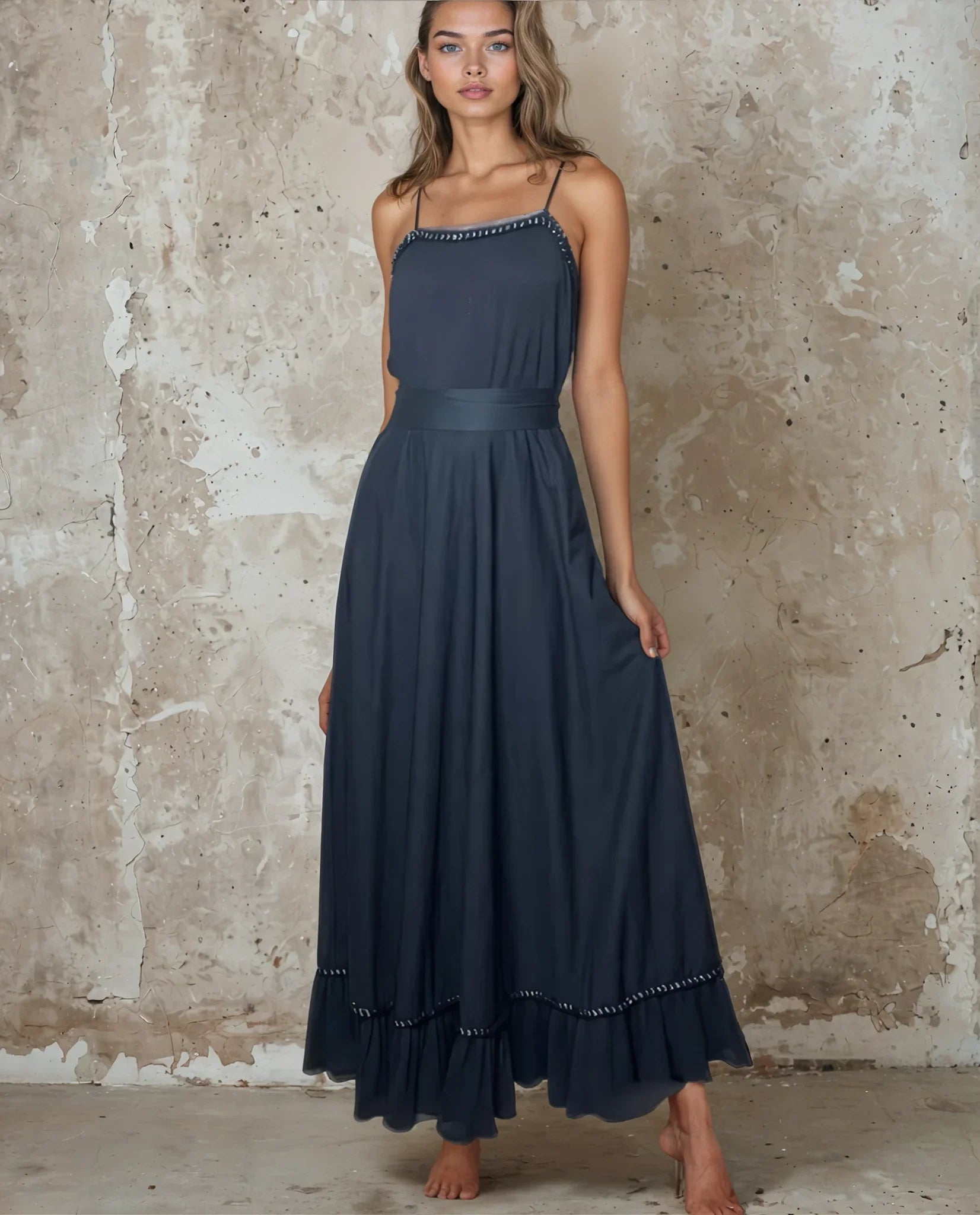 Original 1970's Vintage Black & Silver Maxi Disco Dress UK 12 - 14