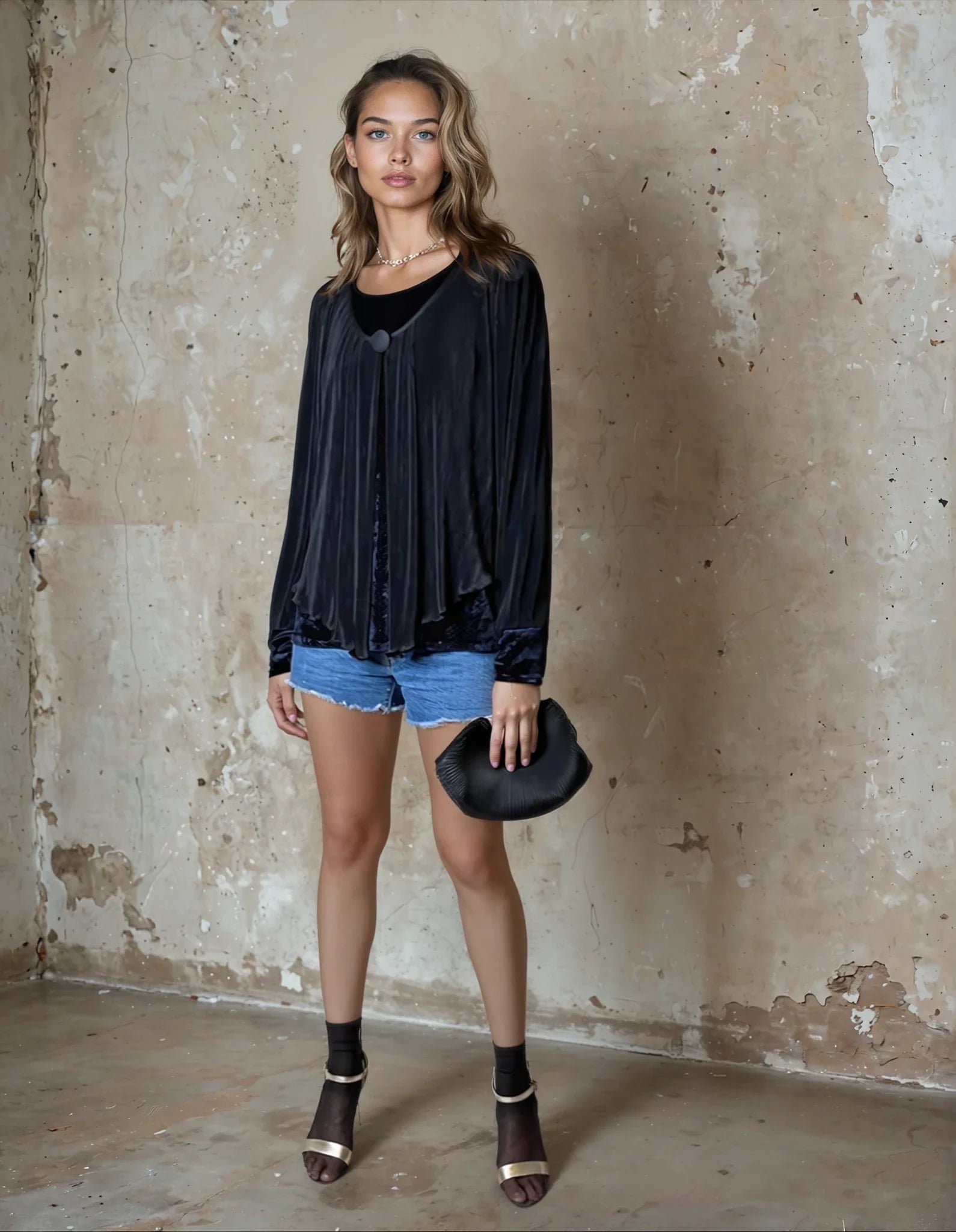 Original Vintage 1980's Black Oversized Pleated Top With Navy Velvet Detailing UK 10 - 14