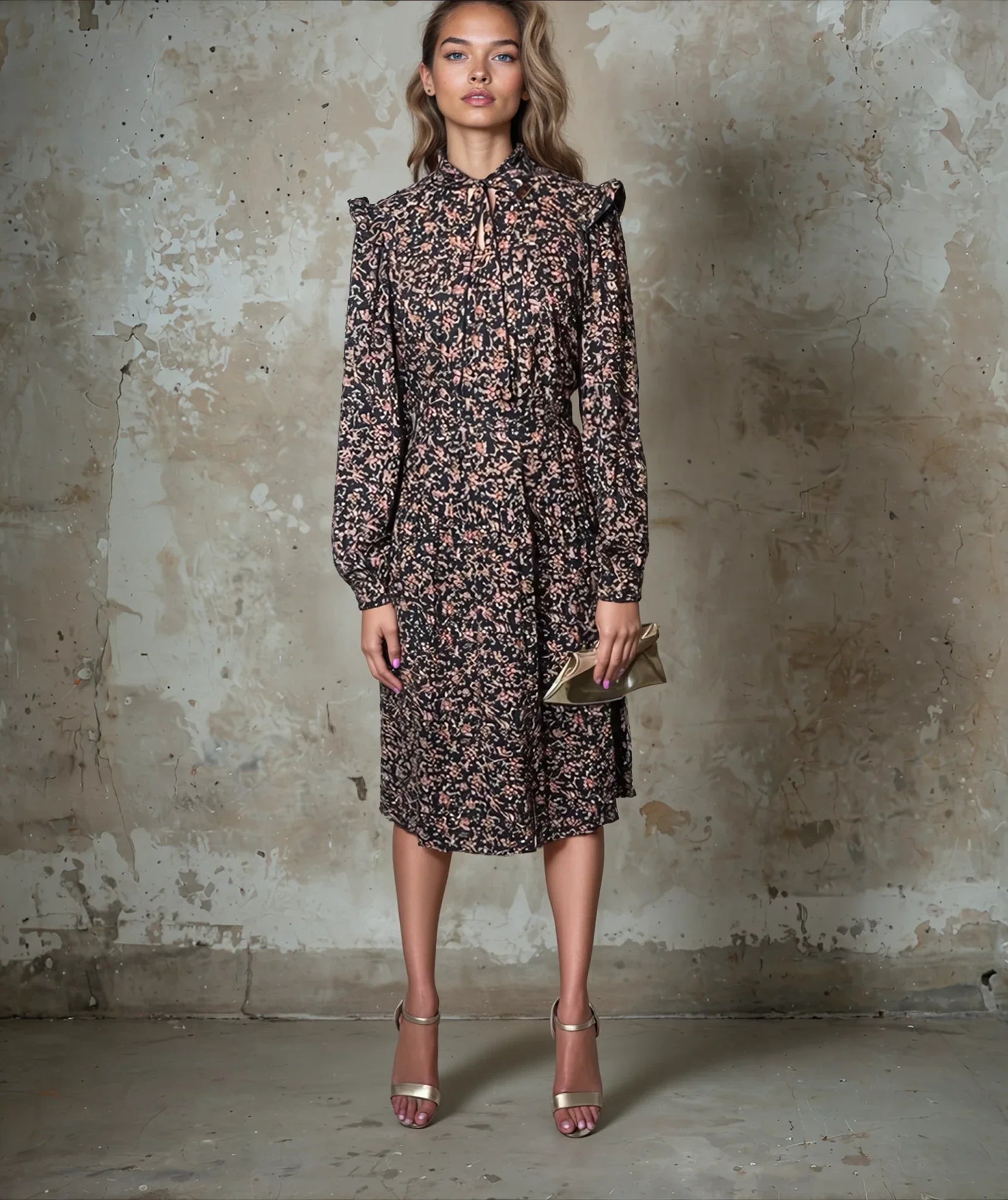 Gorgeous Original 1970's Vintage Black Dress With Floral Print UK 10 - 12