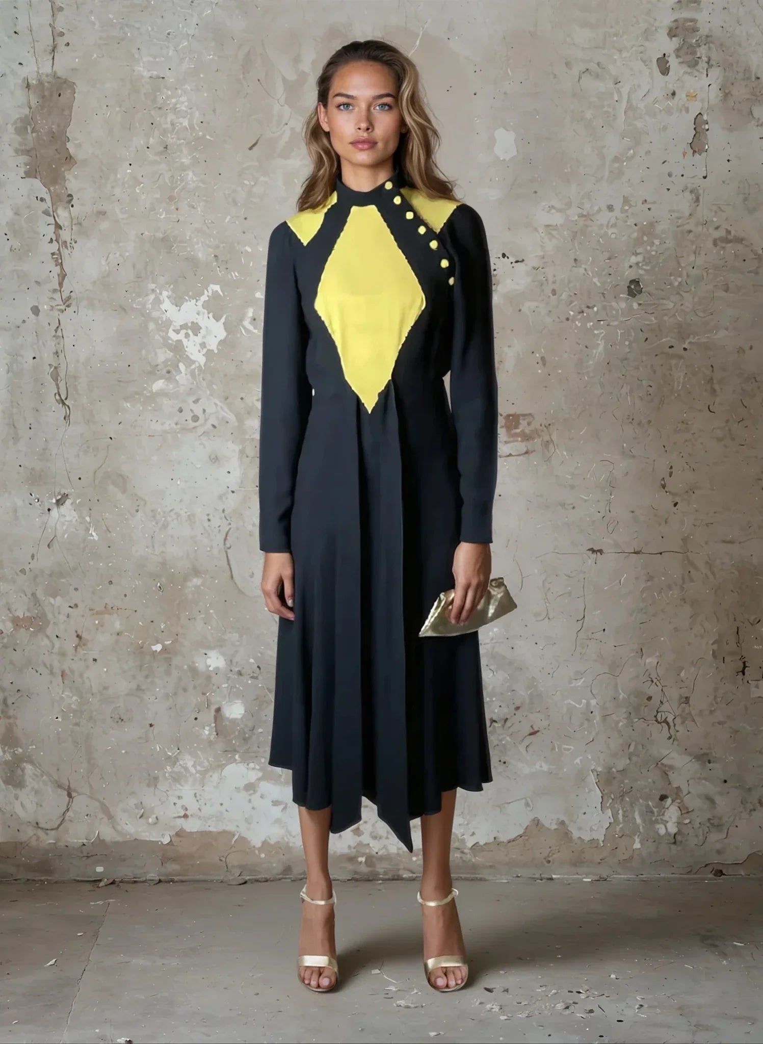 Rare Vintage 1970's Original Black & Yellow Dress Designed by Ossie Clark UK 8 - 10