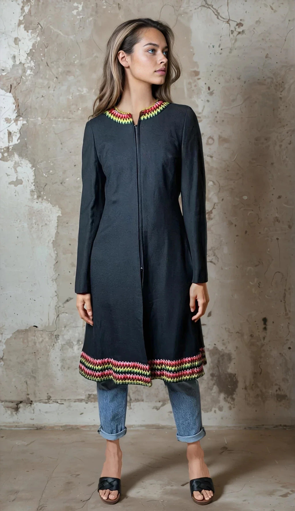 Original Vintage 1970's Black Boho / Hippie Wool Coat UK 8 - 12