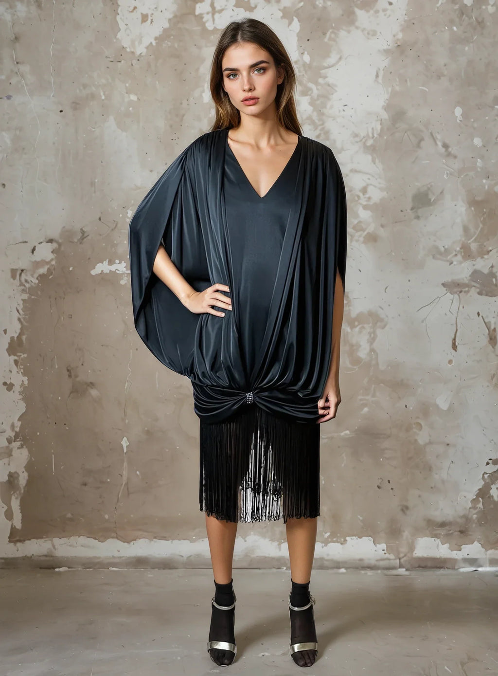 Unusual Original 1980's Vintage Black Dress with Fringing UK 8 - 14