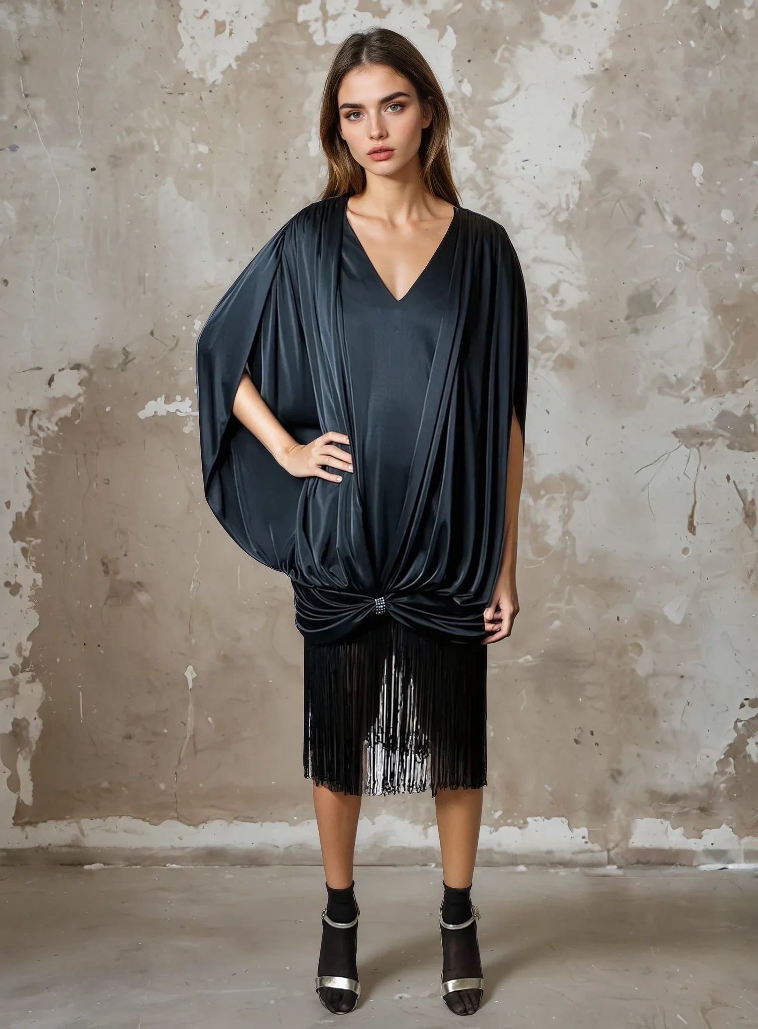 Unusual Original 1980's Vintage Black Dress with Fringing UK 8 - 14