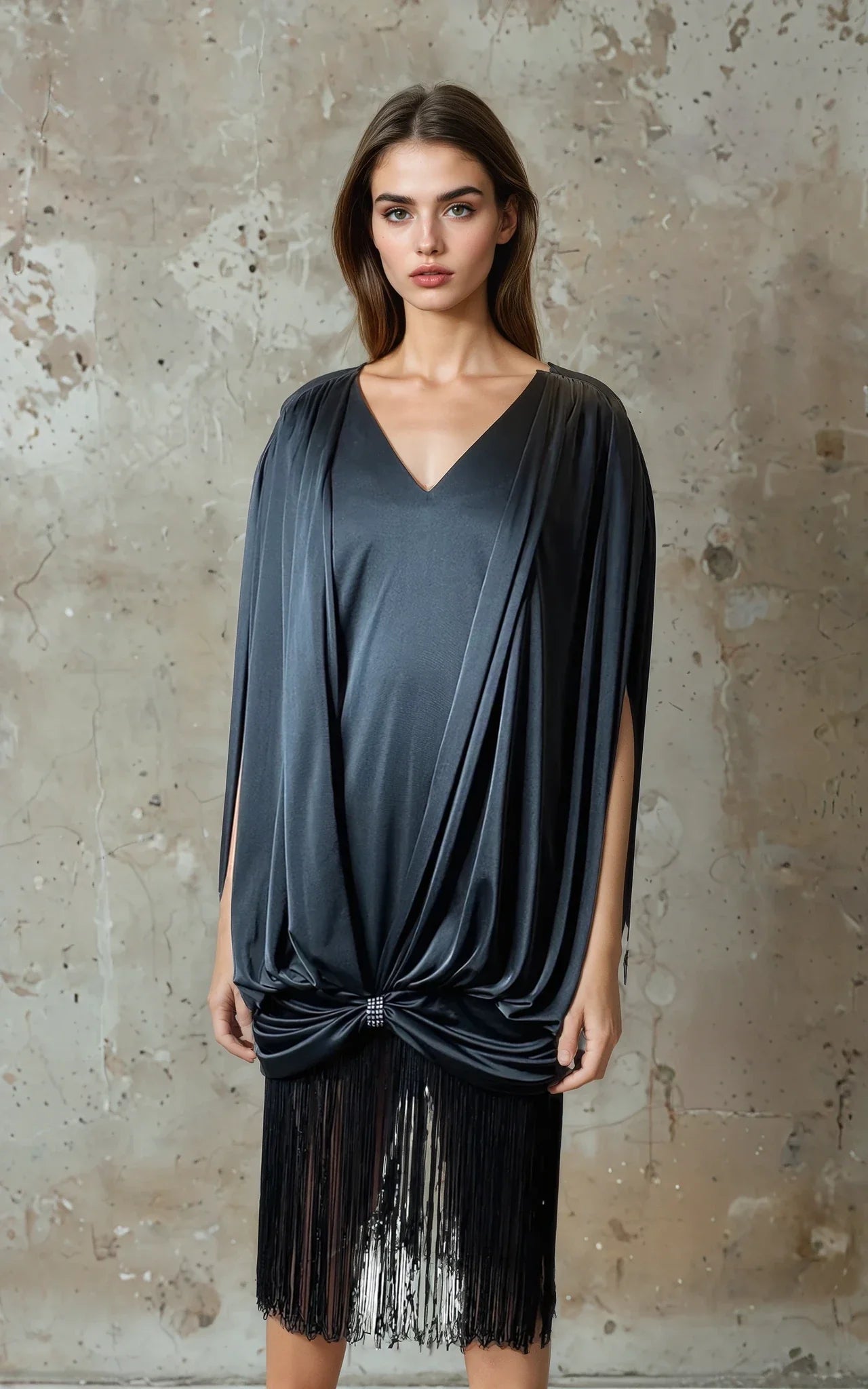 Unusual Original 1980's Vintage Black Dress with Fringing UK 8 - 14