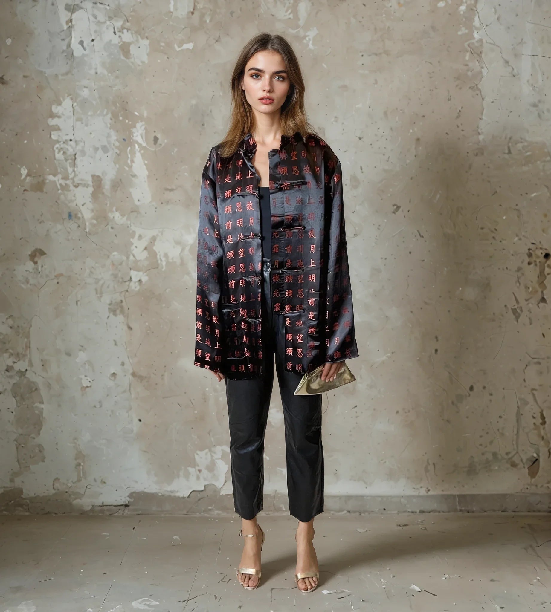 Vintage Black Satin Oriental Print Jacket UK 10 - 14