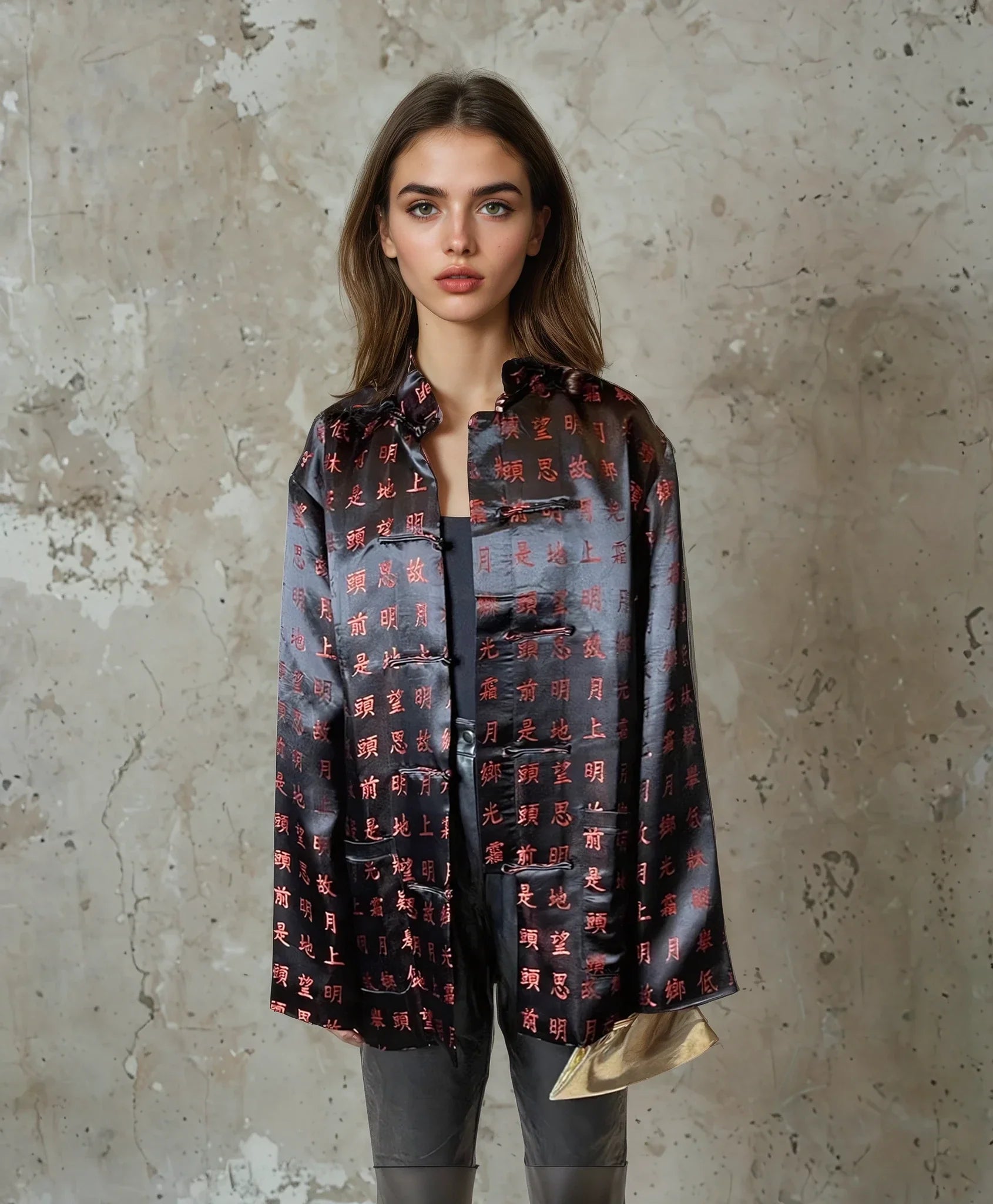 Vintage Black Satin Oriental Print Jacket UK 10 - 14