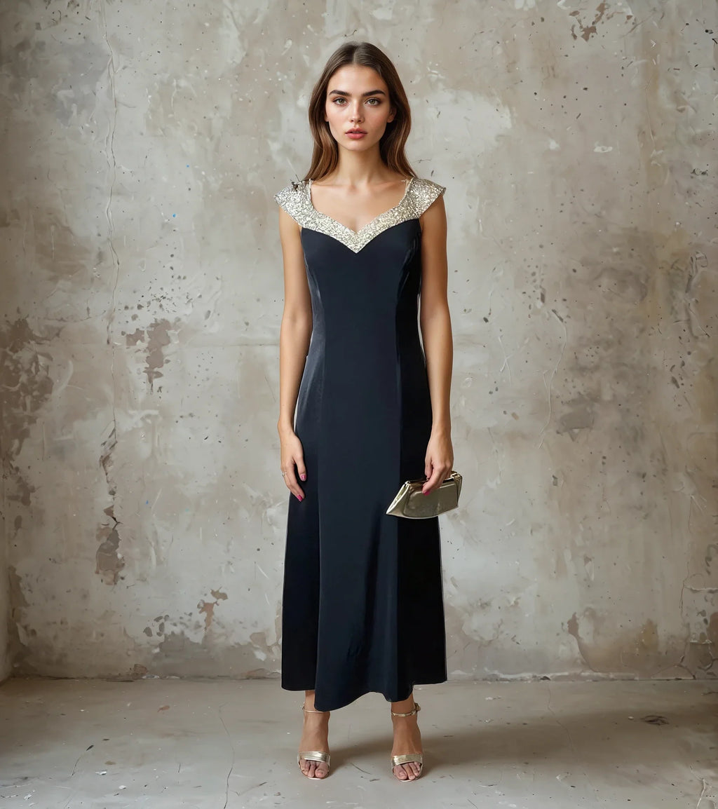 Vintage 1990's Black Crepe / Satin & Silver Beaded Dress UK 12