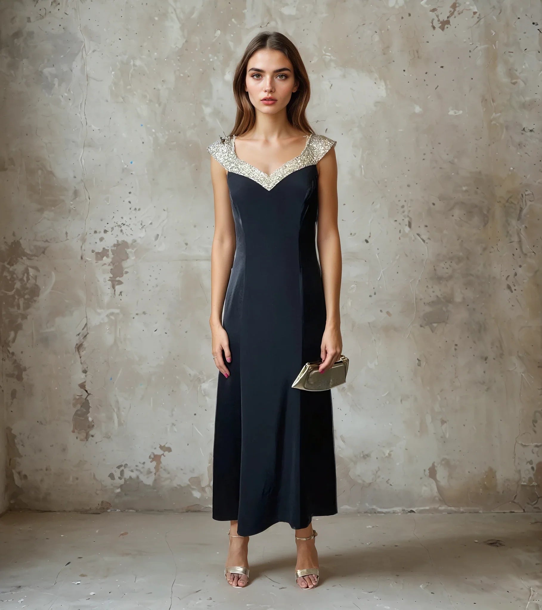 Vintage 1990's Black Crepe / Satin & Silver Beaded Dress UK 12