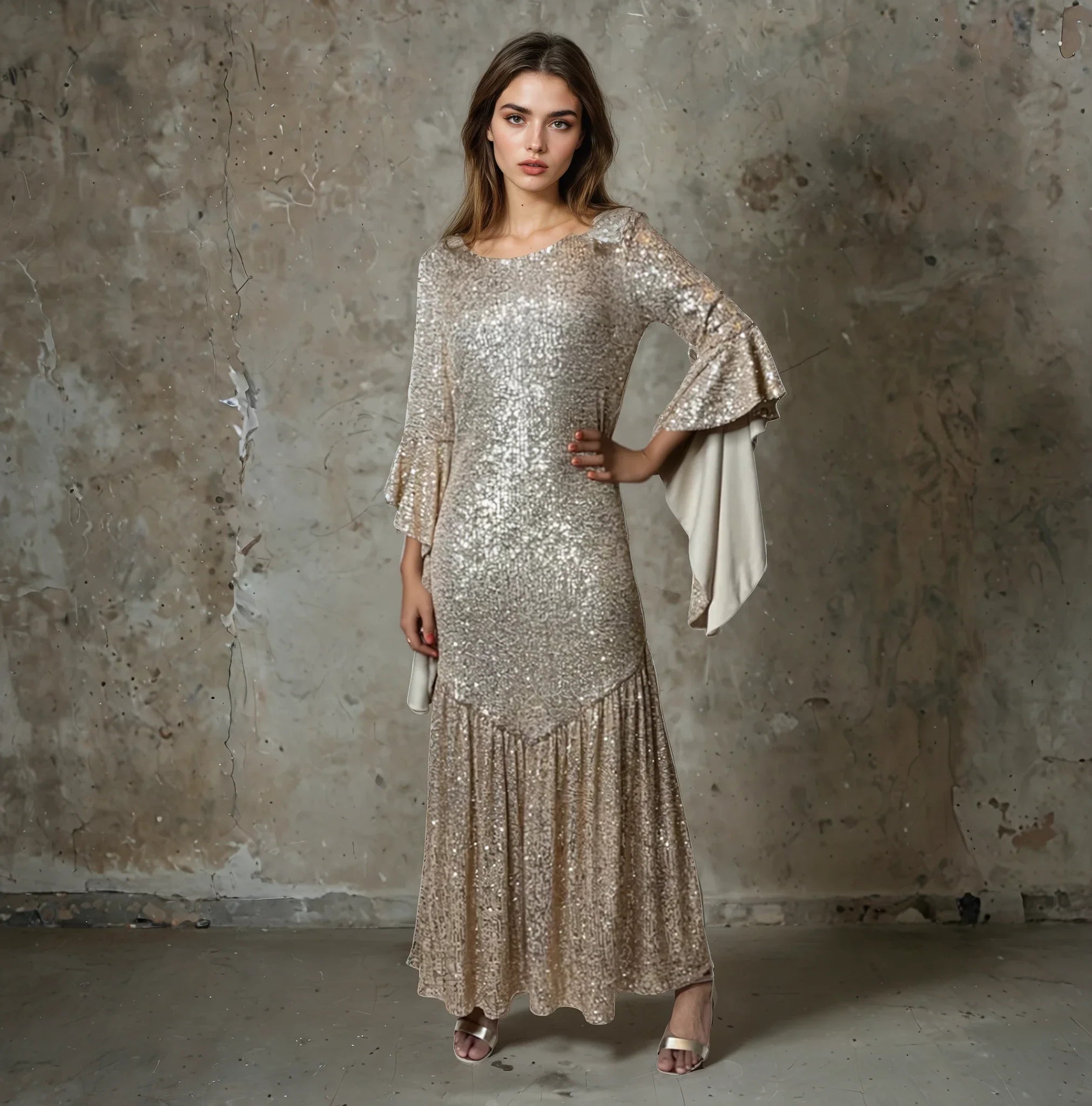 1990'S Original Vintage Gold Sequin Bell Sleeve Dress Uk 8 - 12