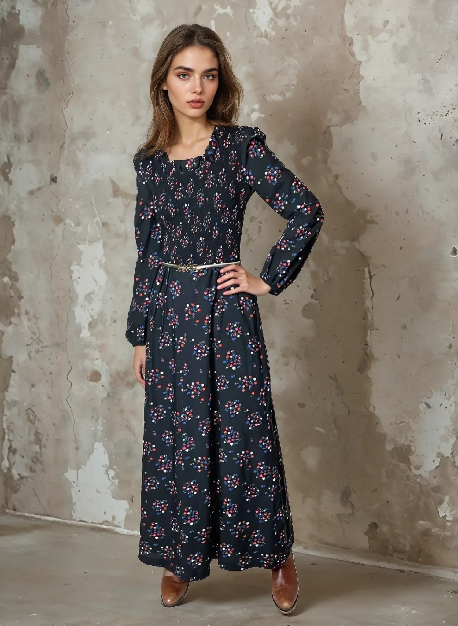 Original 1970's Vintage Black Maxi Dress With Floral Print UK 10 - 12