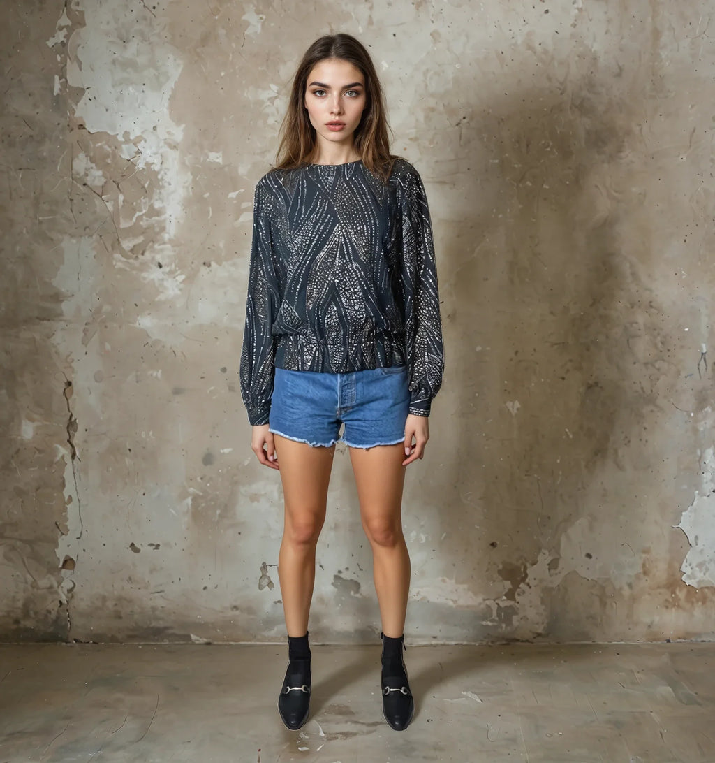 Incredible 1980's Vintage Black Diamante Top UK 8 - 12