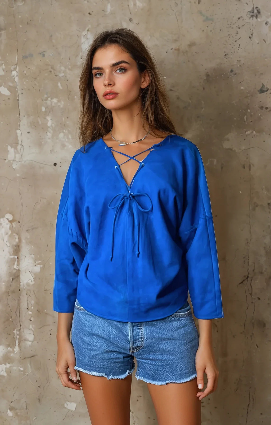 1980's Original Vintage Electric Blue Suede Italian Tie Up Top UK 10 - 14