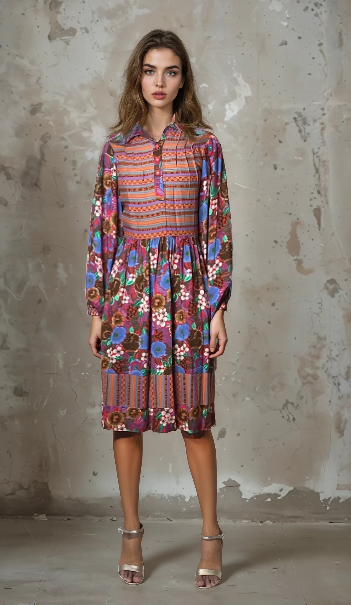 1970's Original Vintage Multi - Coloured Floral Long Sleeved Dress UK 10 - 12