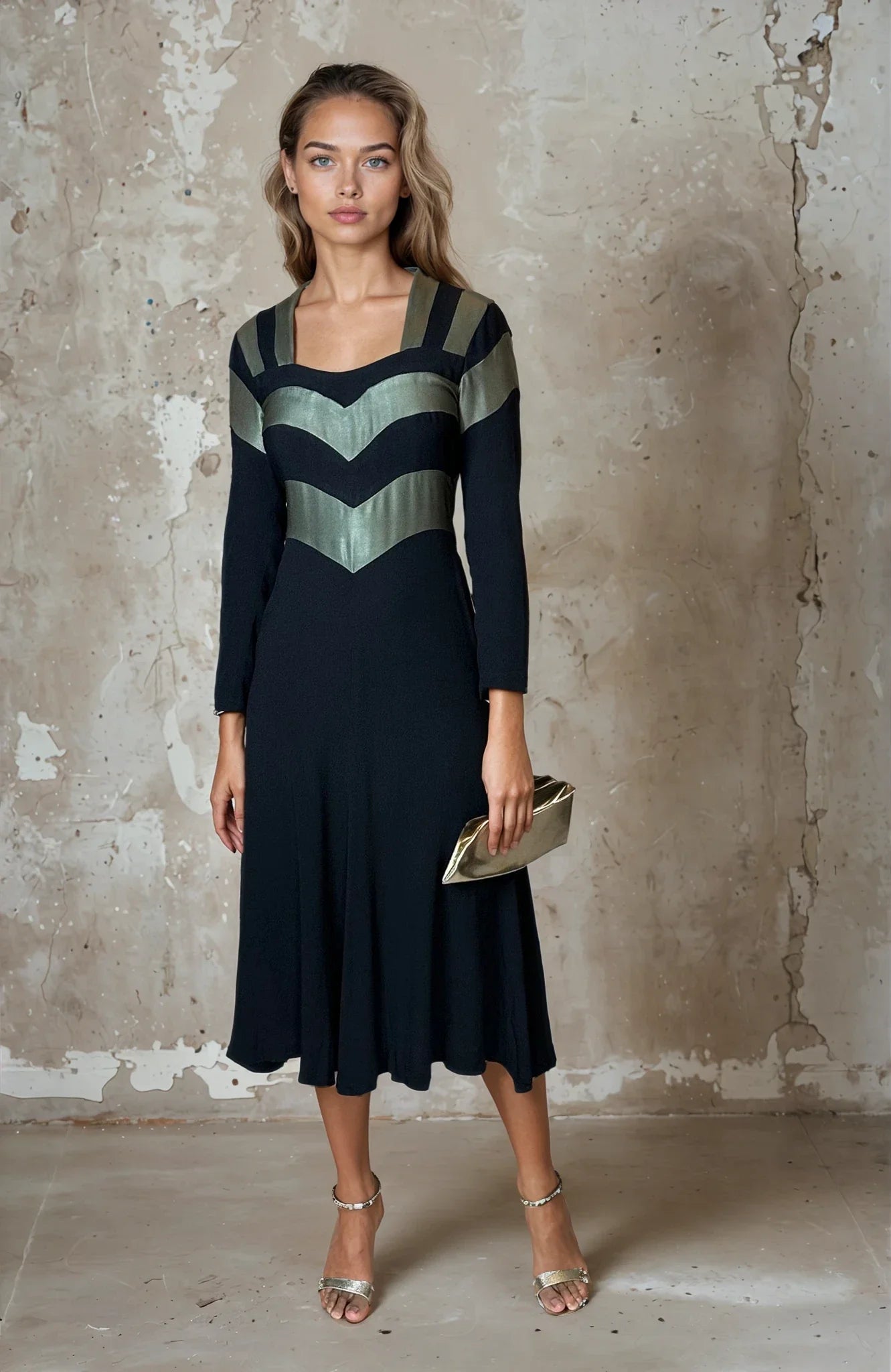 1970's Original Vintage Very Rare Ossie Clark Black & Metallic Green Dress UK 8 - 10