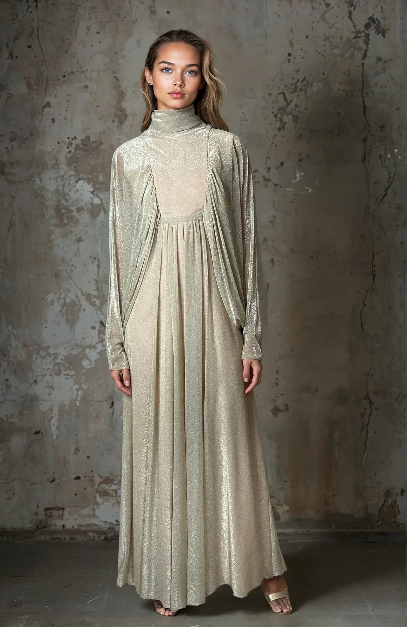 1970's Original Vintage Gold Goddess Maxi Dress UK 8 - 12