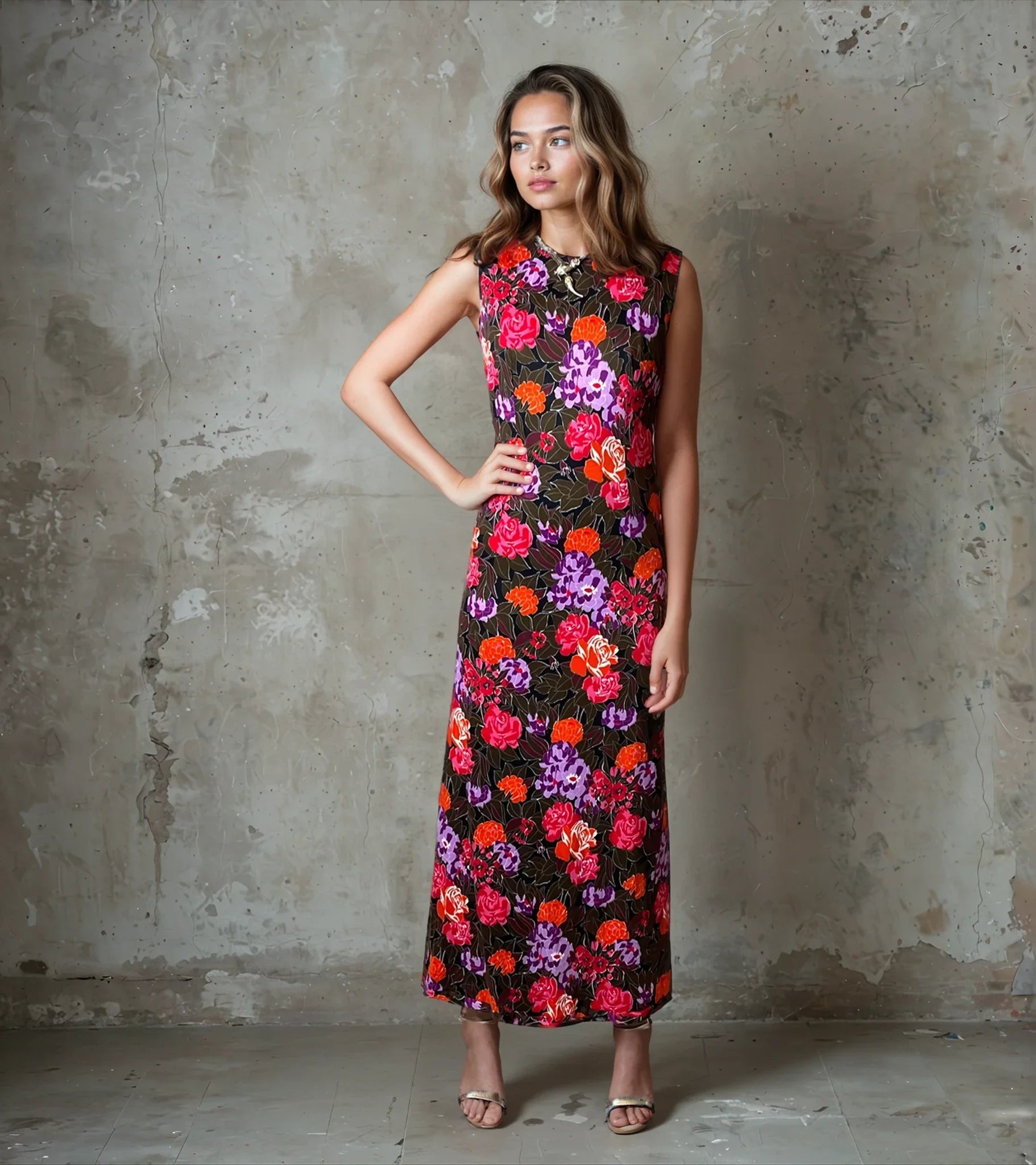 Original 1970's Vintage Floral Sleeveless Maxi Dress UK Size 10