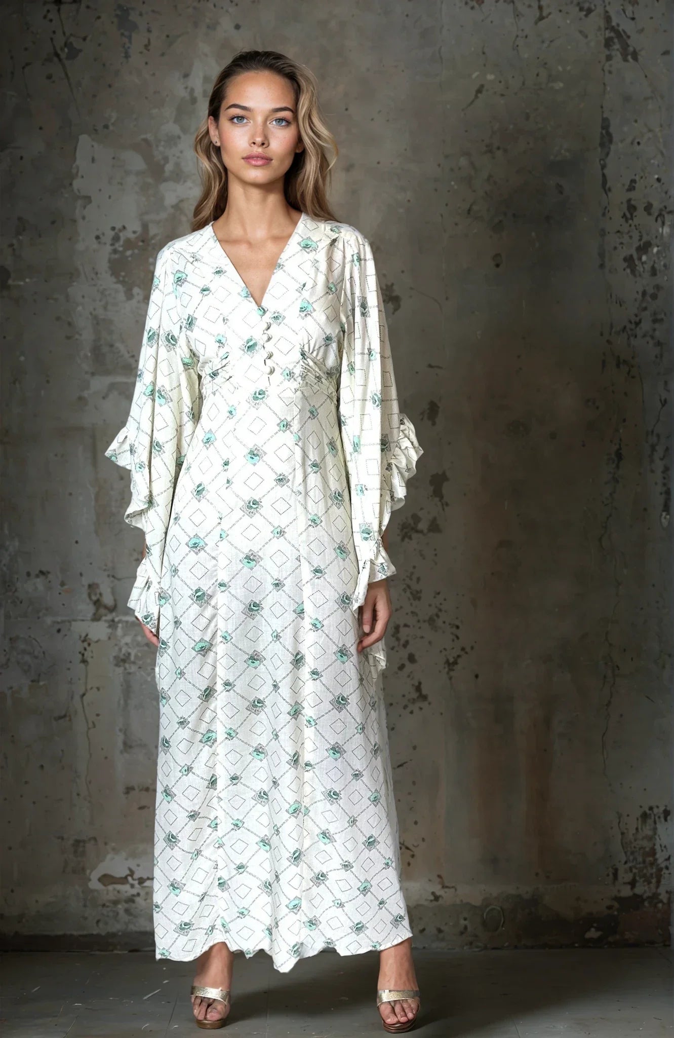 1970's Vintage Cream Printed Angel Sleeve Wedding Dress UK 8 - 14