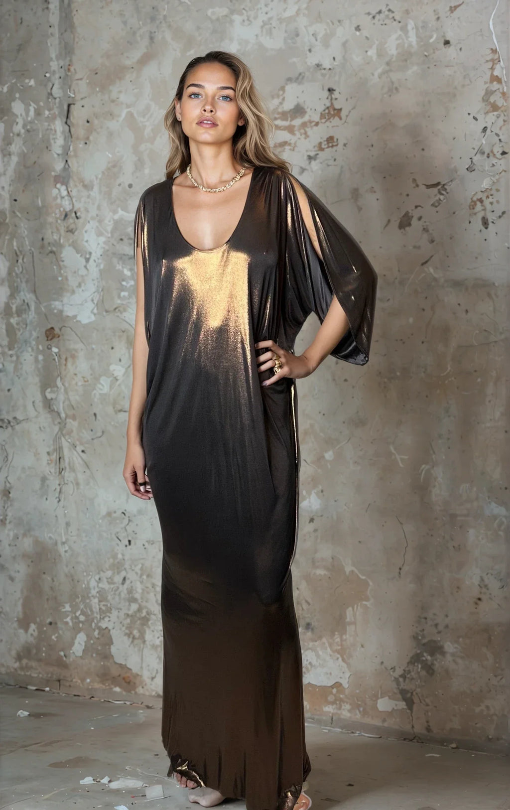 Incredible Vintage Halston Gold / Bronze Kaftan Dress Uk 8 - 14
