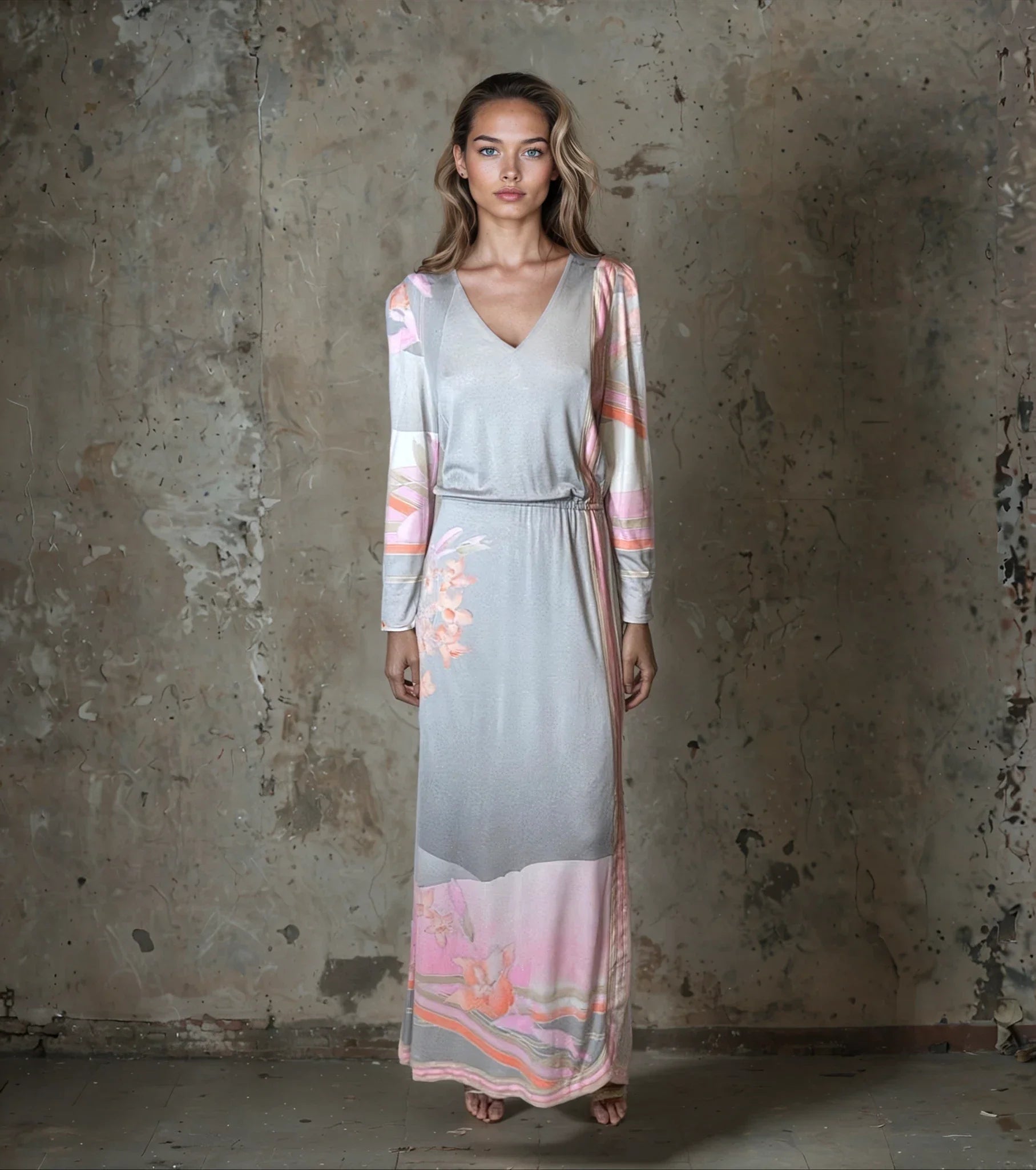 1970's Original Vintage Grey Leonard Floral Maxi Dress UK 10 -12