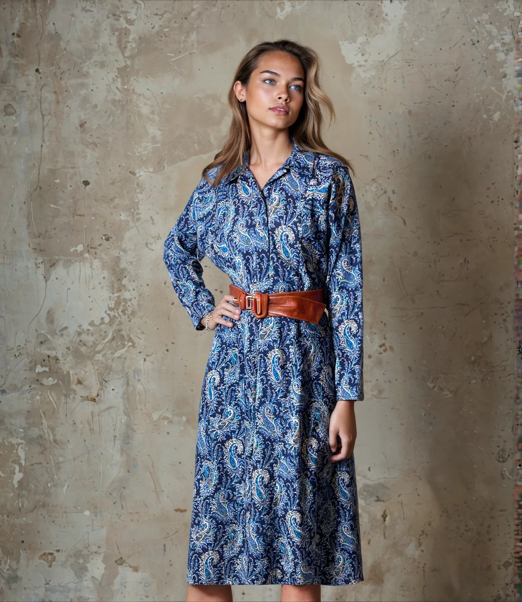 Original Vintage 1970's Liberty Print 100% Wool Paisley Print Blue Dress UK 10 - 12