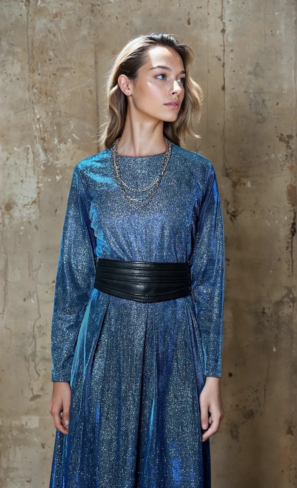 Incredible Original Vintage Blue Metallic Maxi Dress UK 10 - 14