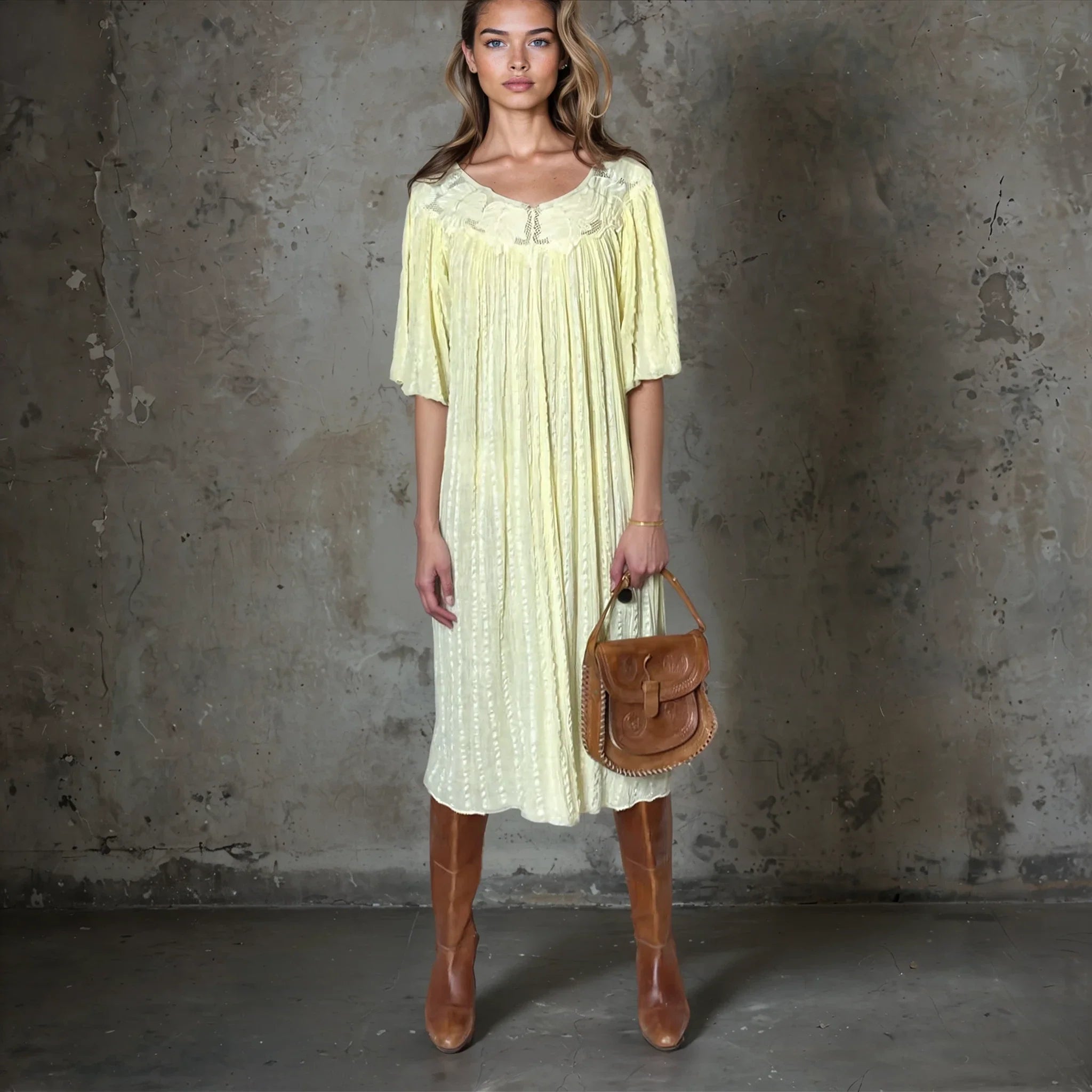 Original 1970's Vintage Cheesecloth Yellow Dress UK 8 - 12