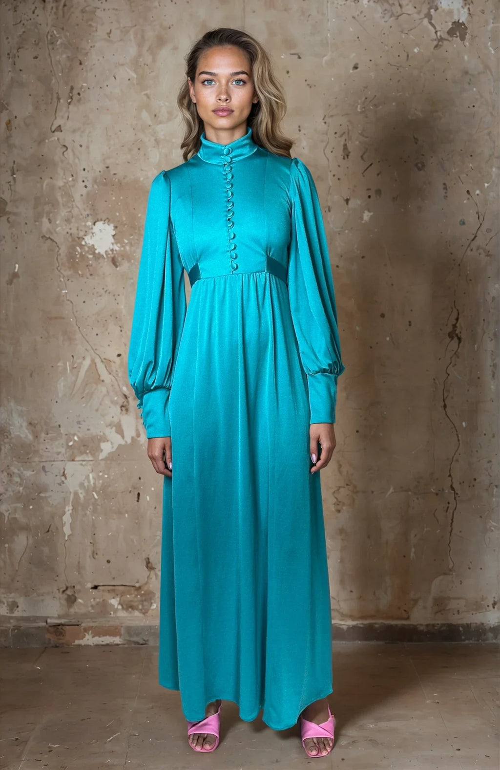 Stunning 1970's Vintage Turquoise Maxi Dress UK 8 - 12
