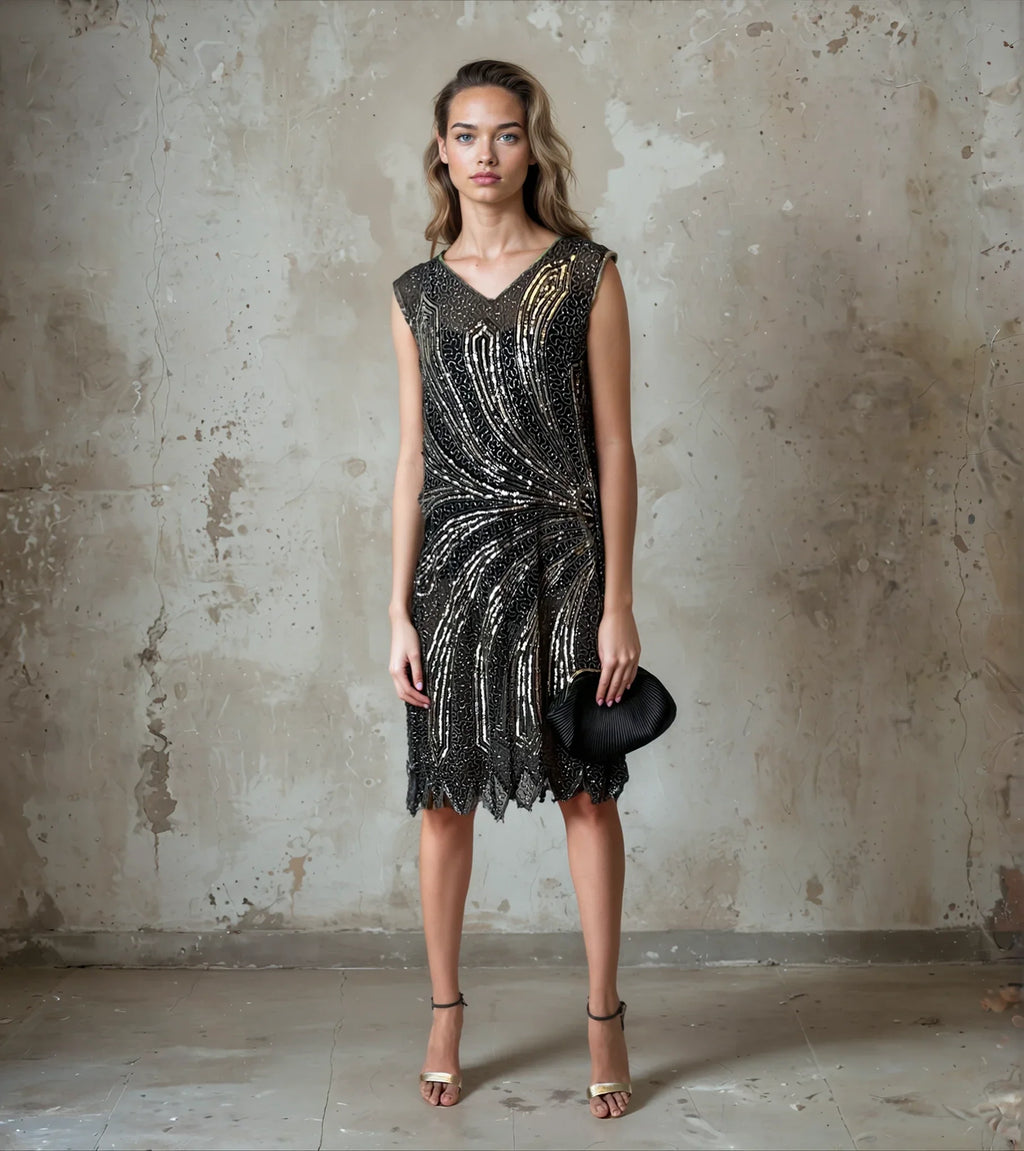 Vintage Black & Silver Sequin Flapper Dress Uk 10 - 12