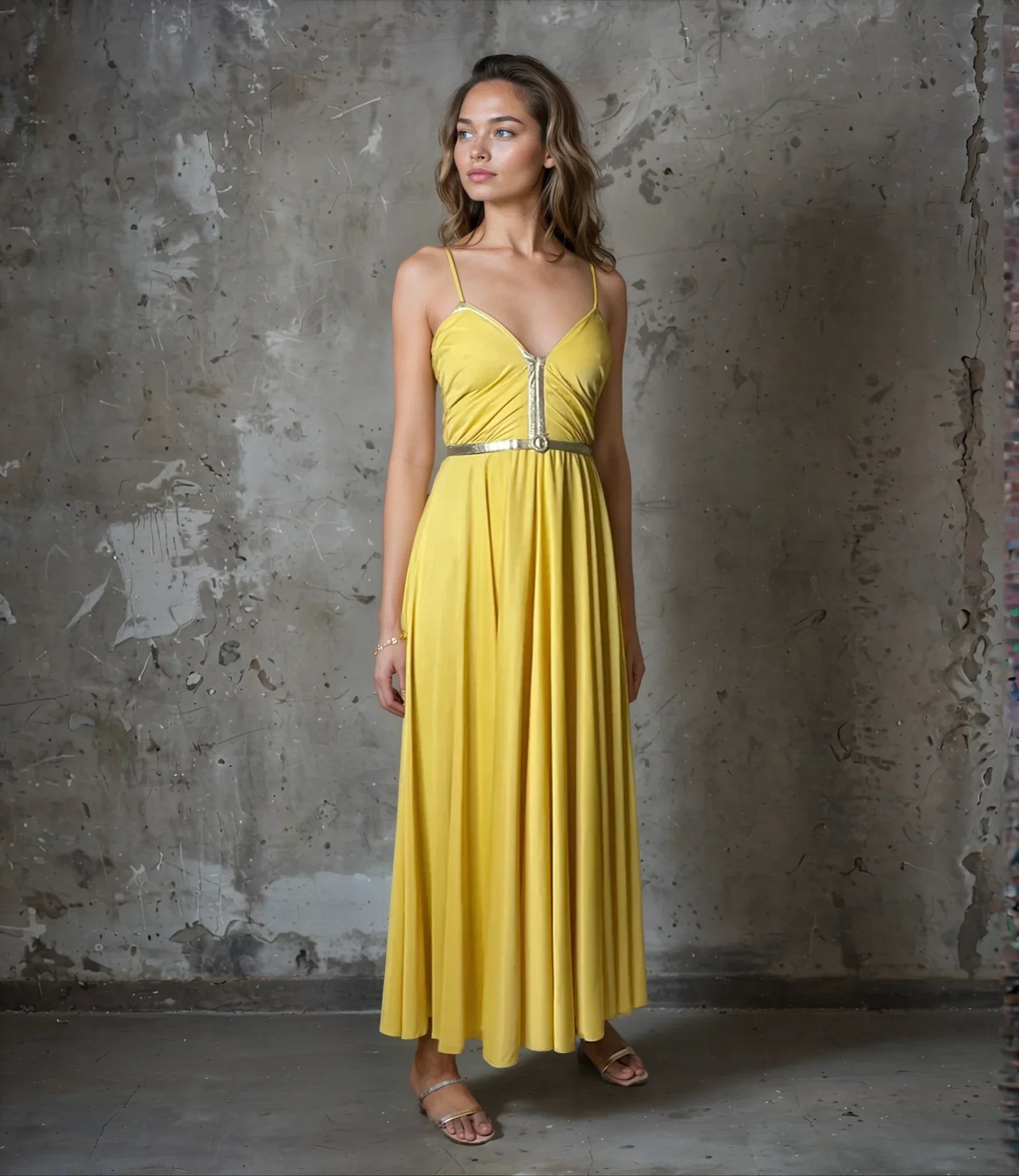 Original 1970'S Vintage Yellow & Gold Strap Maxi Dress