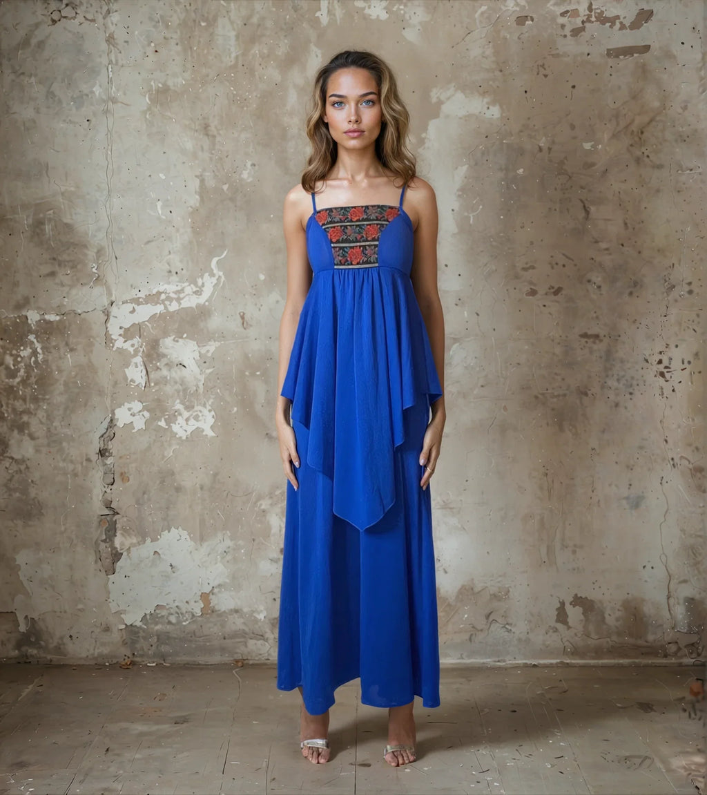 Original Beautiful 1970's Vintage Floral Trim Blue Strapped Dress UK 8 - 10