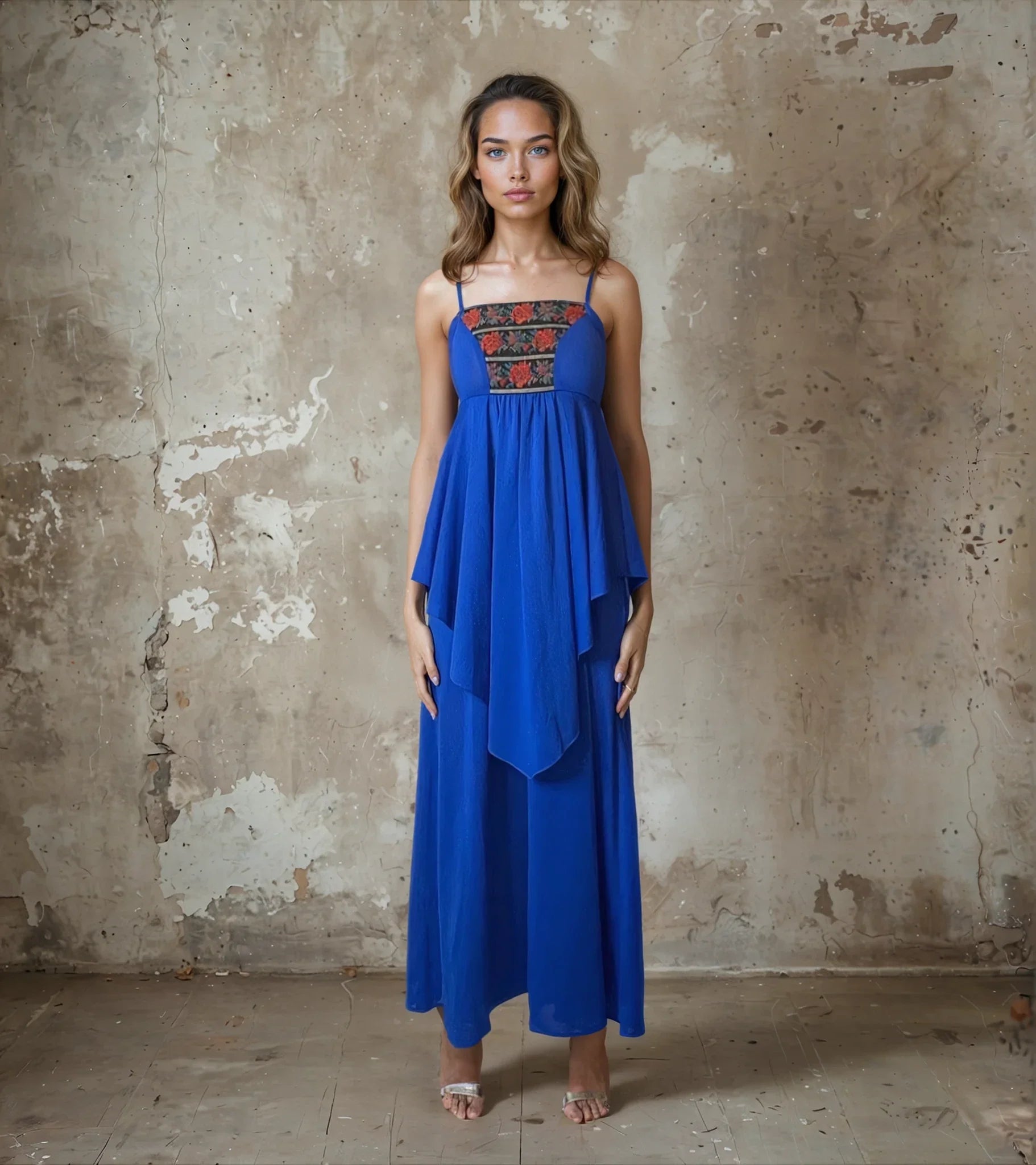 Original Beautiful 1970's Vintage Floral Trim Blue Strapped Dress UK 8 - 10