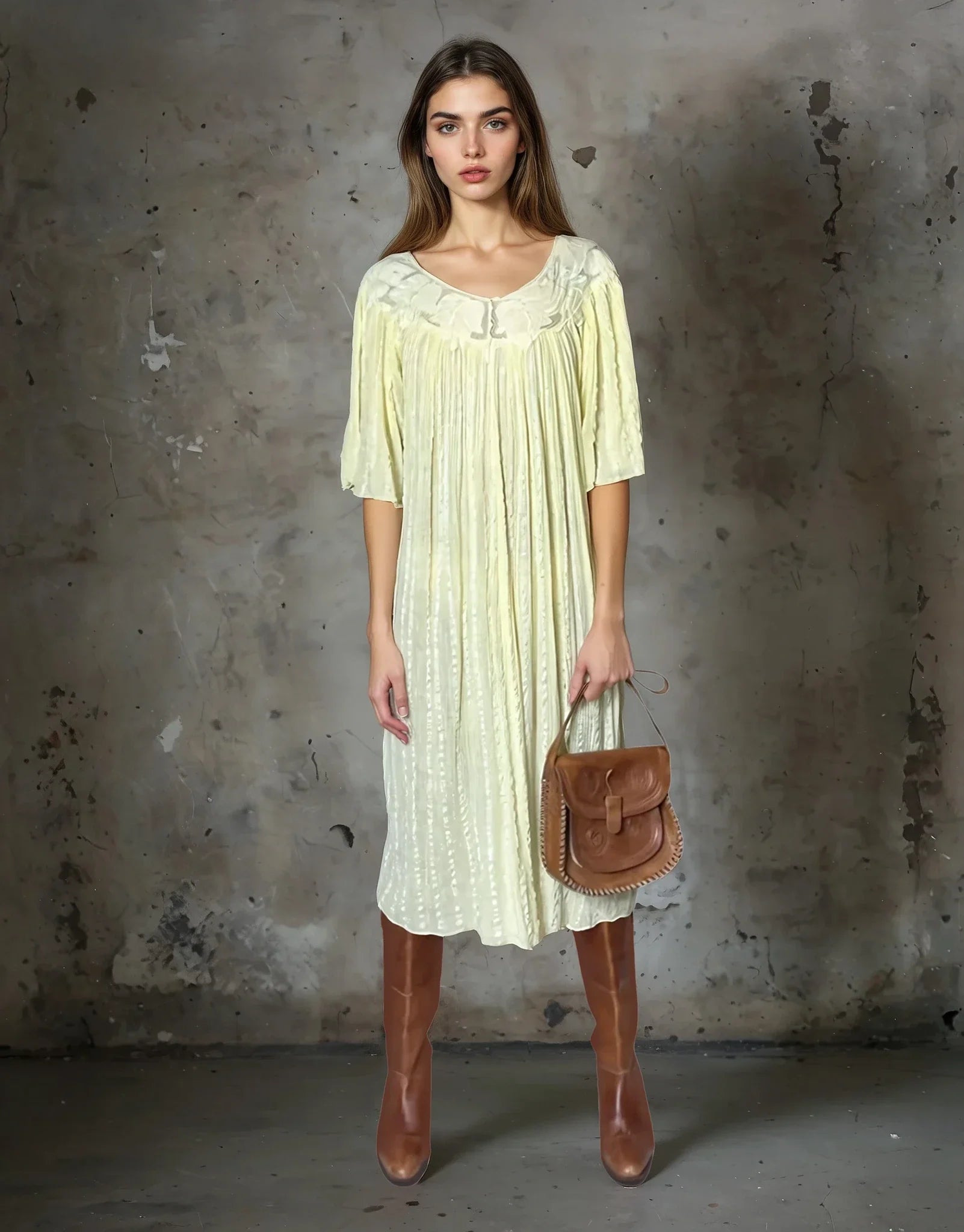 Original 1970's Vintage Cheesecloth Yellow Dress UK 8 - 12