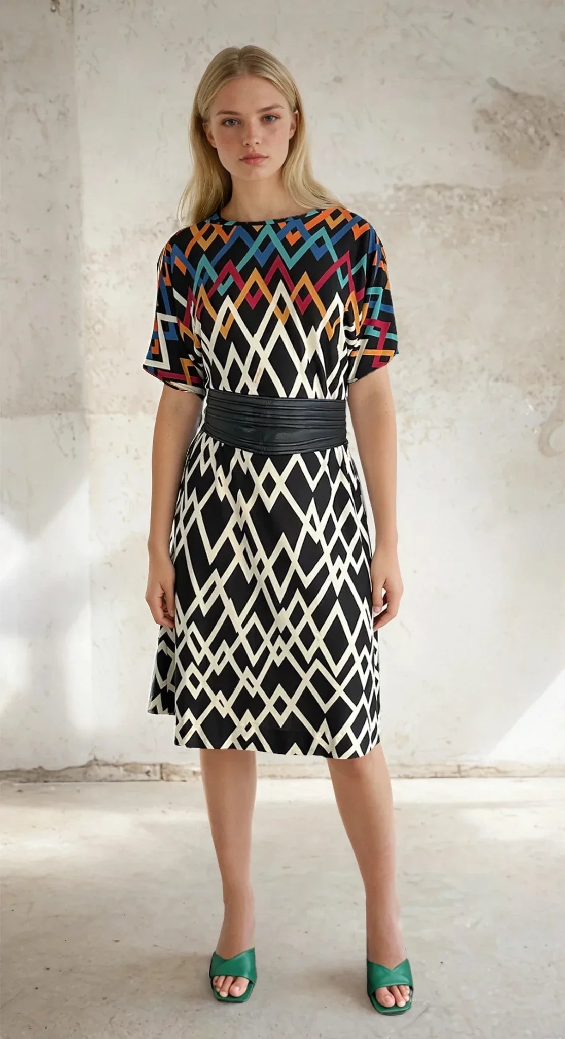 Stunning Original Vintage 1980's Virginie Paris Geometric Print Dress UK 8 - 12