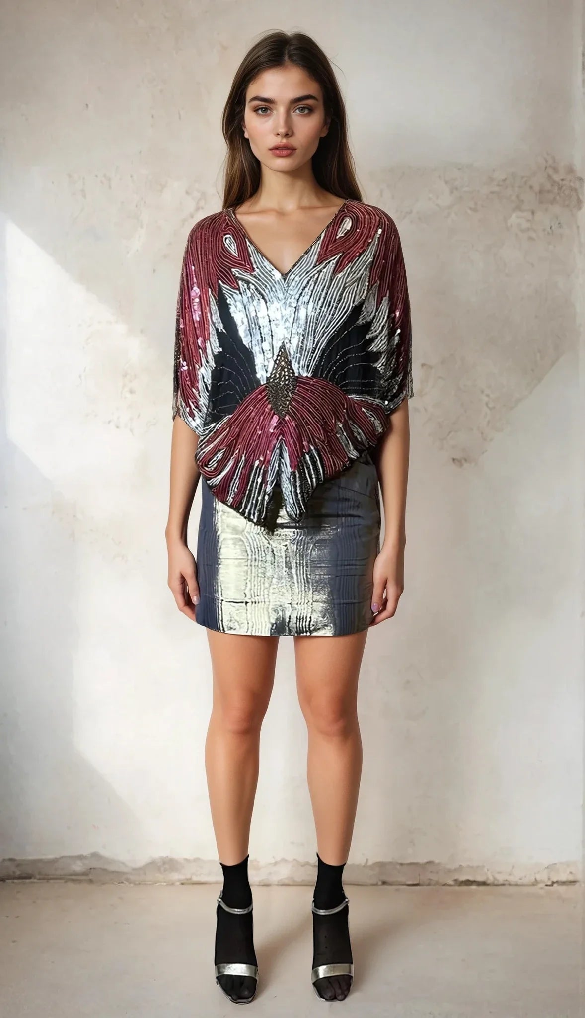 Original Vintage Late 1970's Red / Silver / Black Sequinned Butterfly Top UK 8 - 14