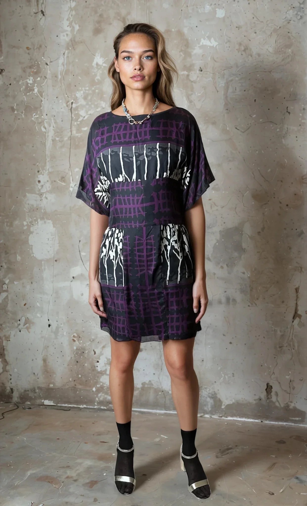 Original 1990's Vintage Purple / Black Dress UK 12 - 14