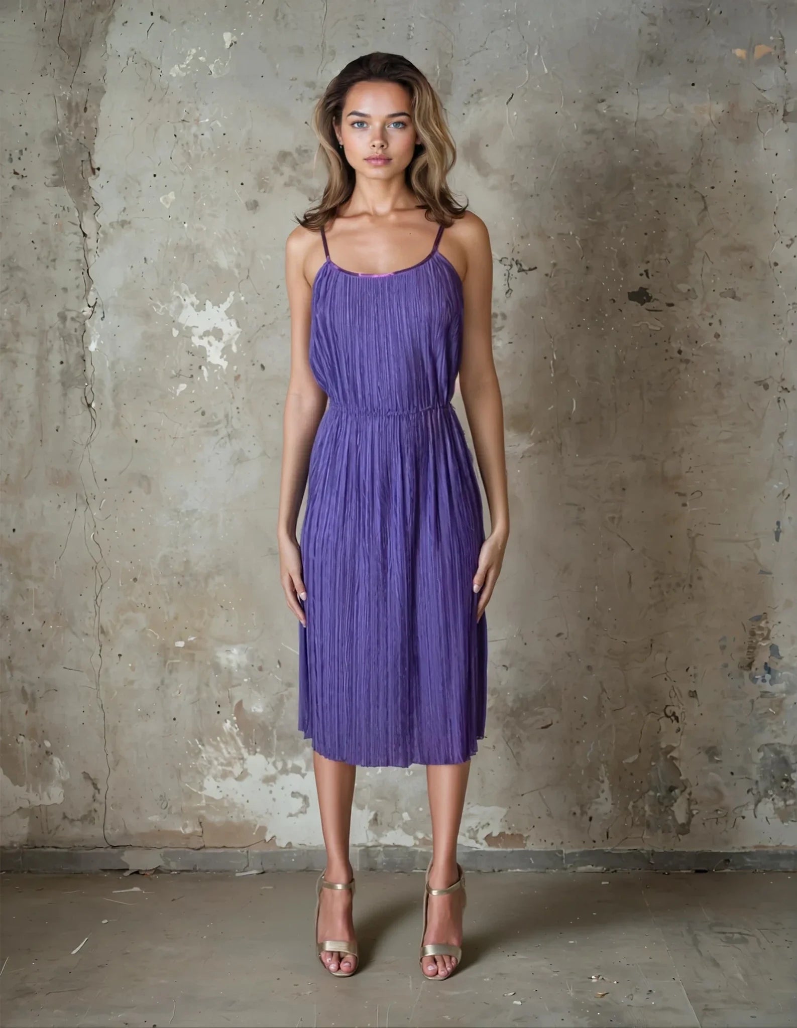 Original 1970's Vintage Purple Pleated Disco Dress UK 6 - 8