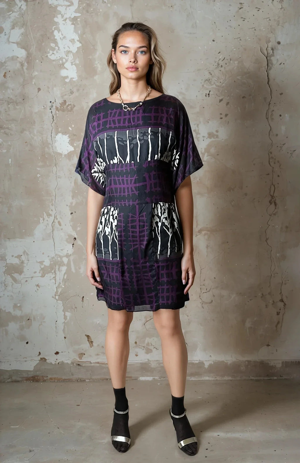 Original 1990's Vintage Purple / Black Dress UK 12 - 14