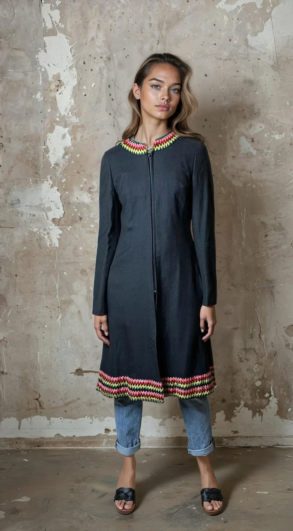 Original Vintage 1970's Black Boho / Hippie Wool Coat UK 8 - 12