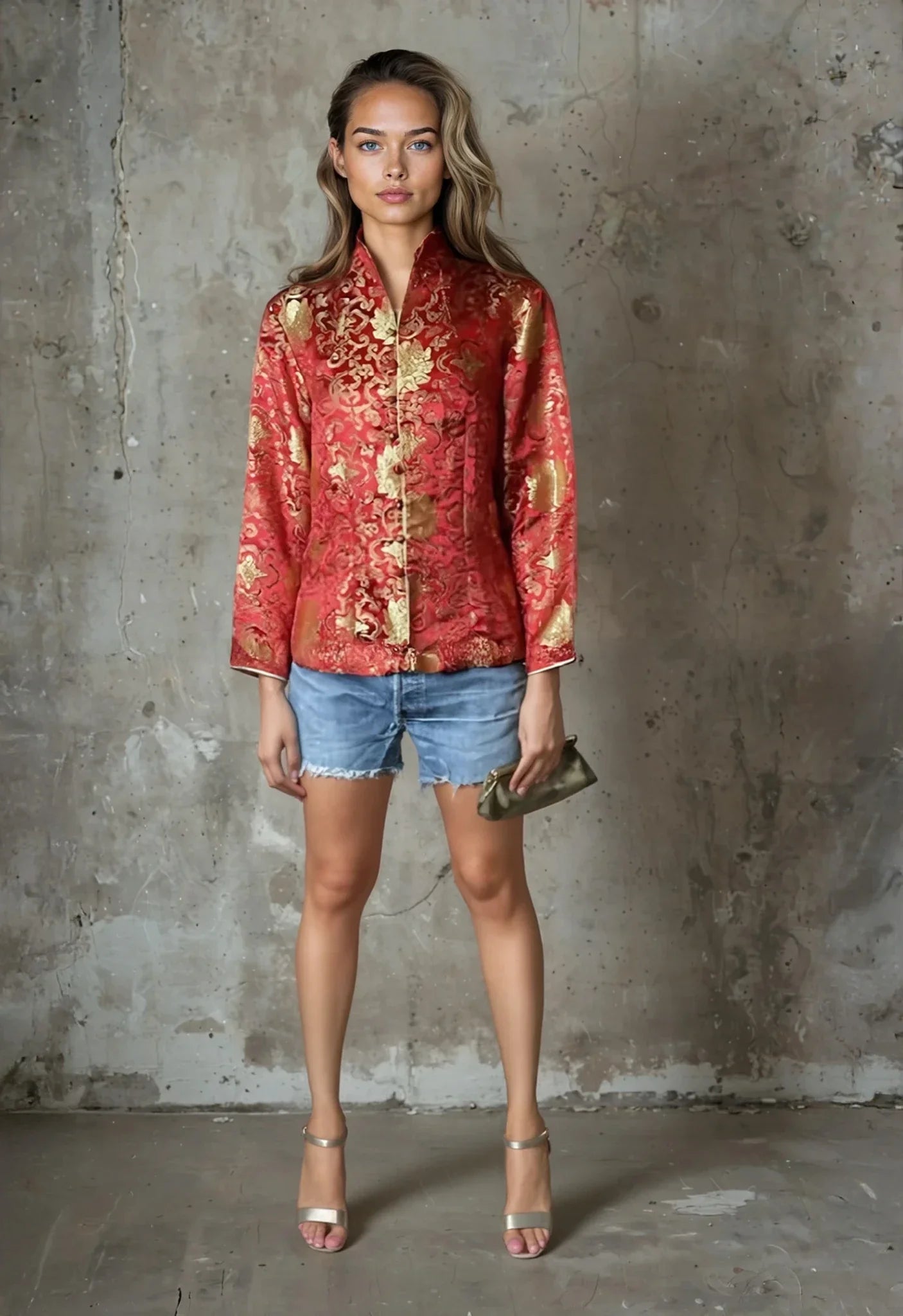 Original Vintage Oriental Red & Gold Floral Print Satin Jacket UK 8 - 12
