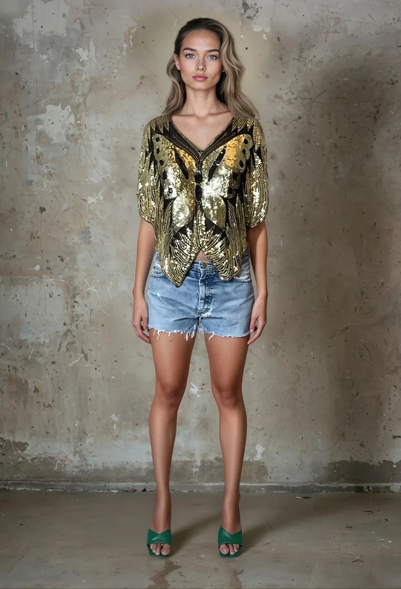 Original Vintage Late 1970's Gold & Black Silk Sequin Butterfly Top UK 6 - 14