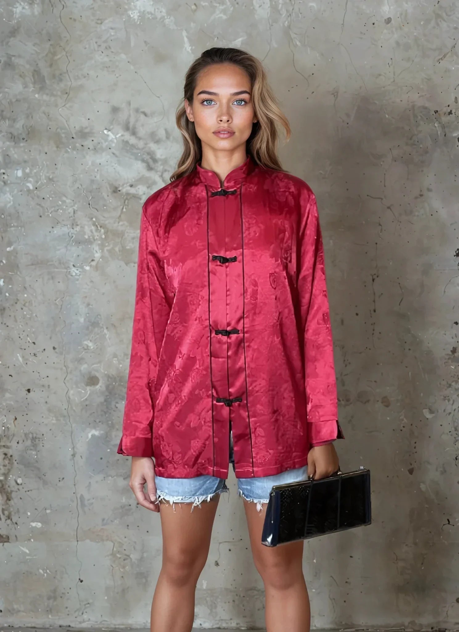 Original Vintage Halston Oriental Red & Floral Print Satin Jacket UK 8 - 12